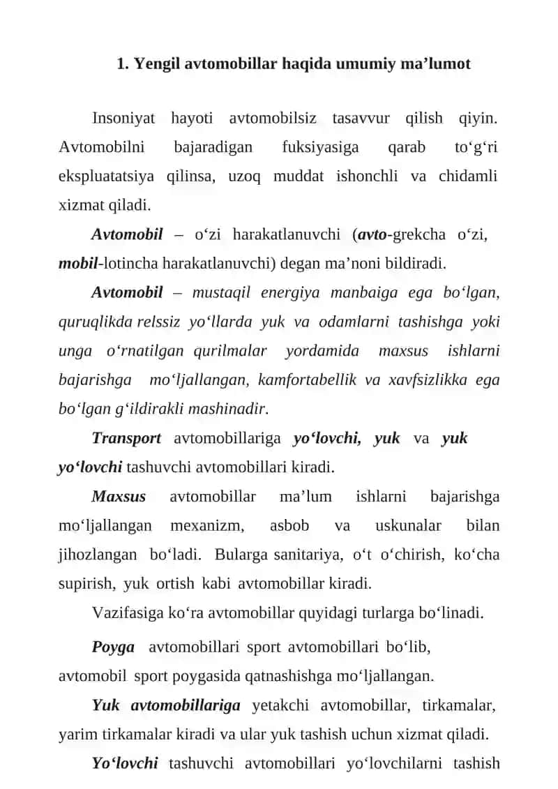 ZAMONAVIY AVTOMOBILNING UMUMIY TUZILISHI 2