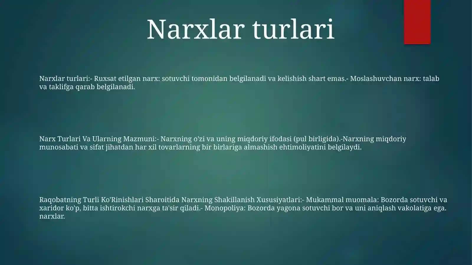 Narx Turlari Va Ularning Mazmuni, Raqobatning Turli Ko'Rinishlari Sharoitida Narxning Shakillanish Xususiyatlari 2