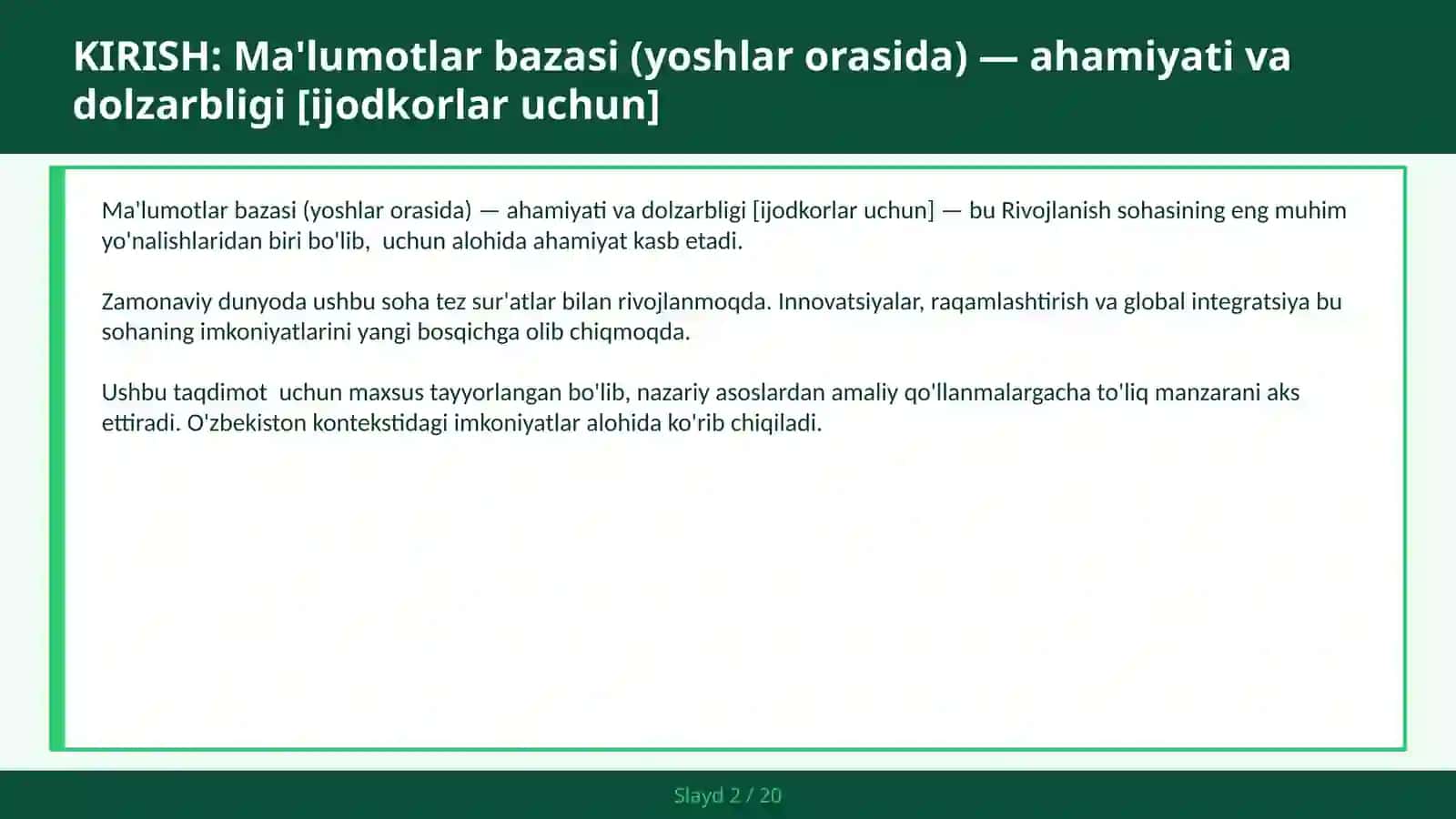 Ma'lumotlar bazasi (yoshlar orasida) — ahamiyati va dolzarbligi [ijodkorlar uchun] 2