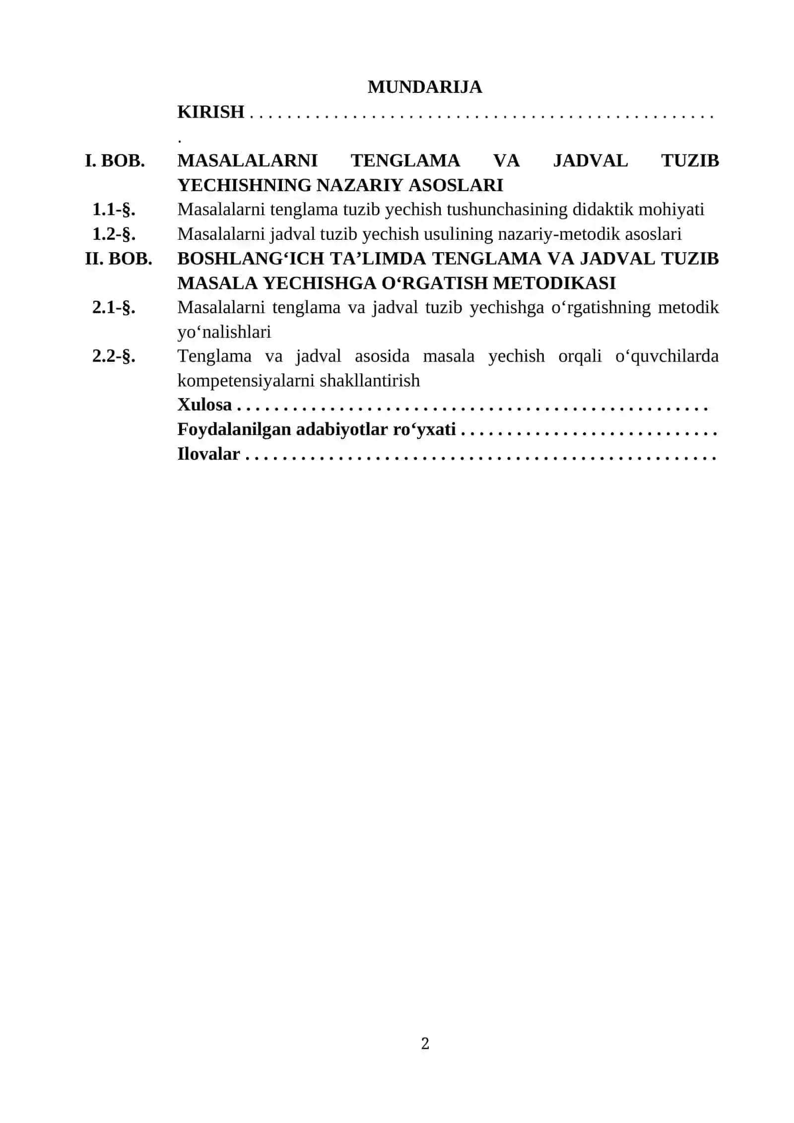 MASALALARNI TENGLAMA VA JADVAL TUZIB YECHISHGA O‘RGATISH METODIKASI 2