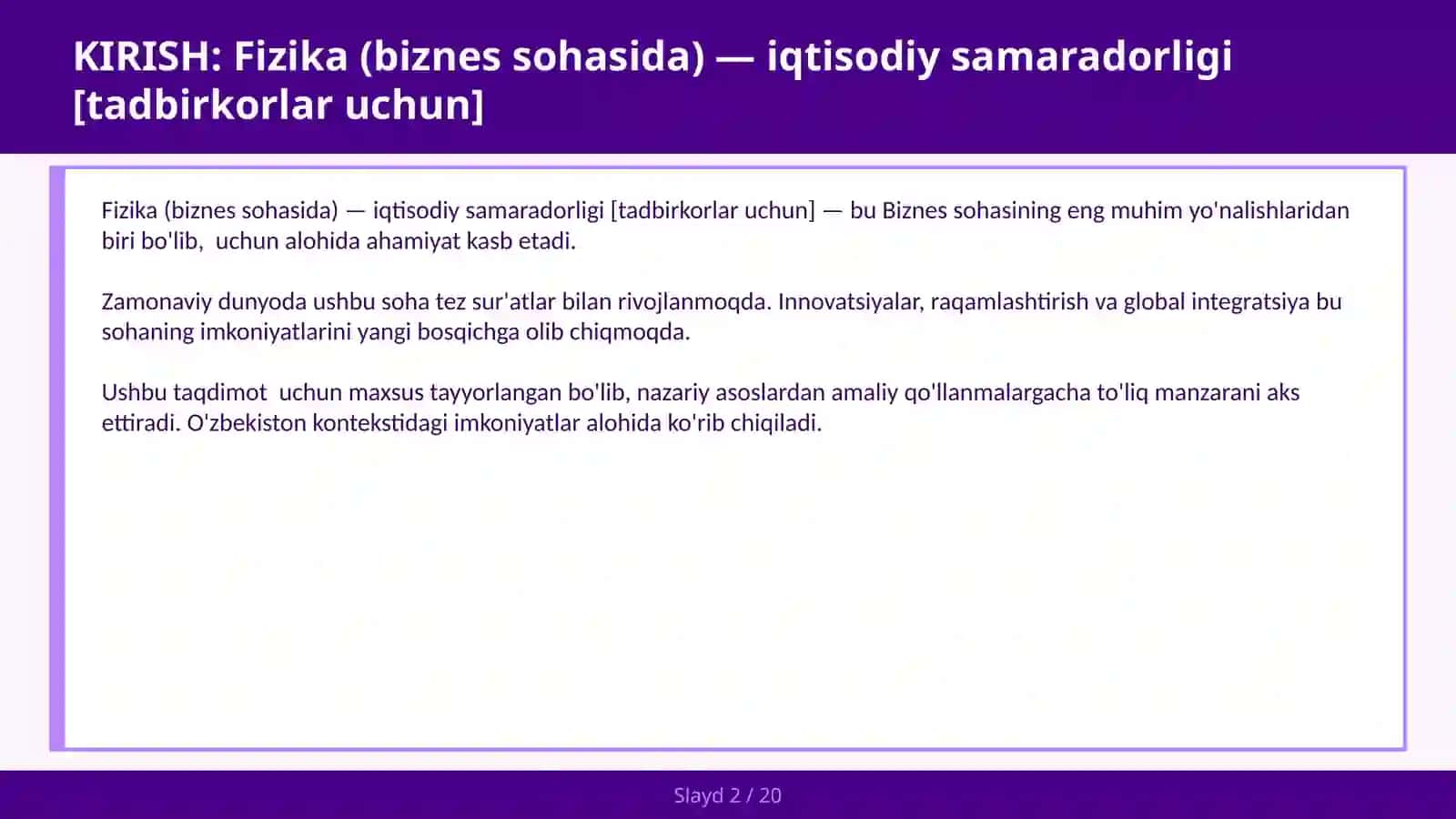 FIZIKA (BIZNES SOHASIDA) — IQTISODIY SAMARADORLIGI [TADBIRKORLAR UCHUN] 2