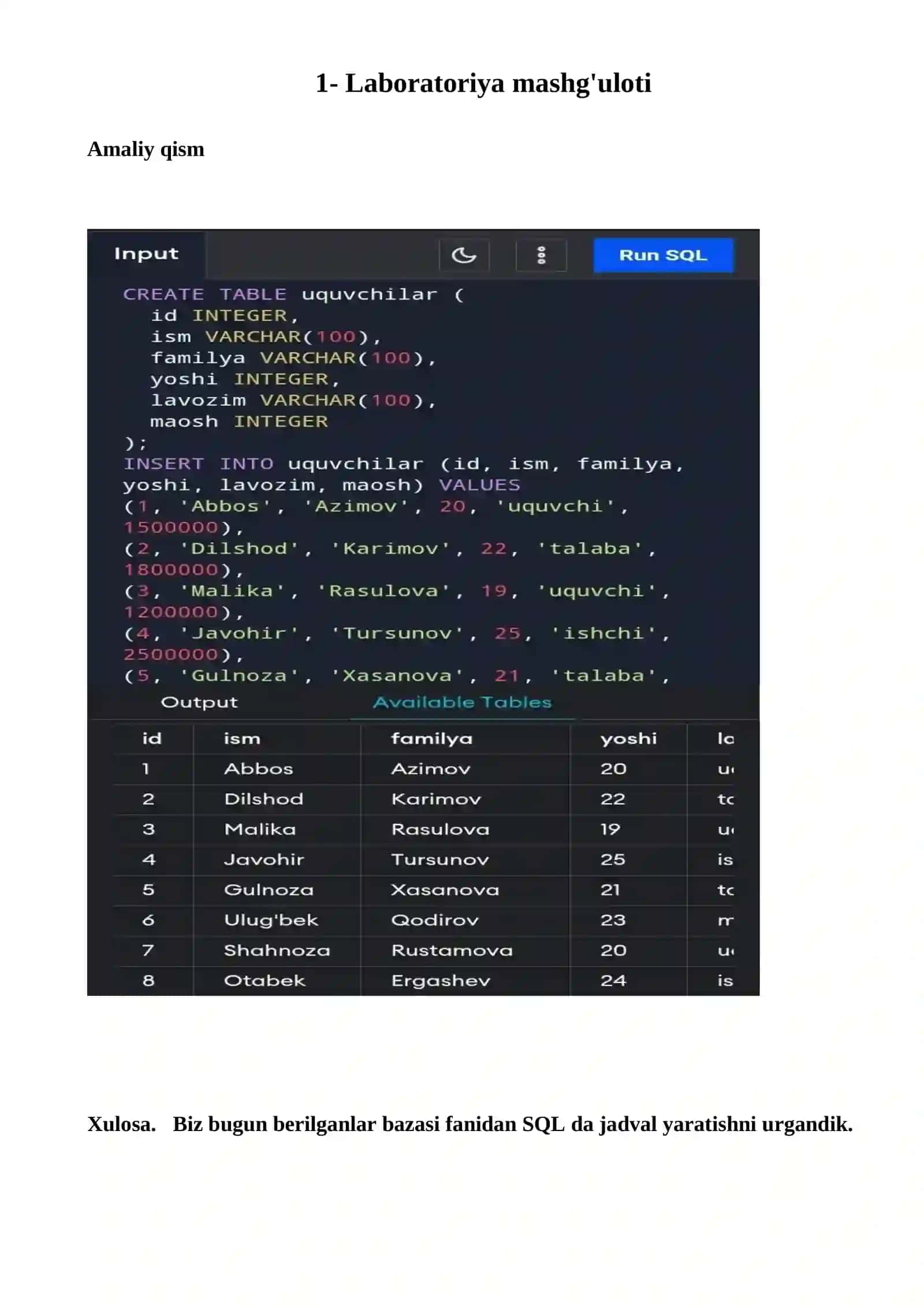 SQL tilida jadval yaratish, o‘chirish va ma’lumot yozish 2