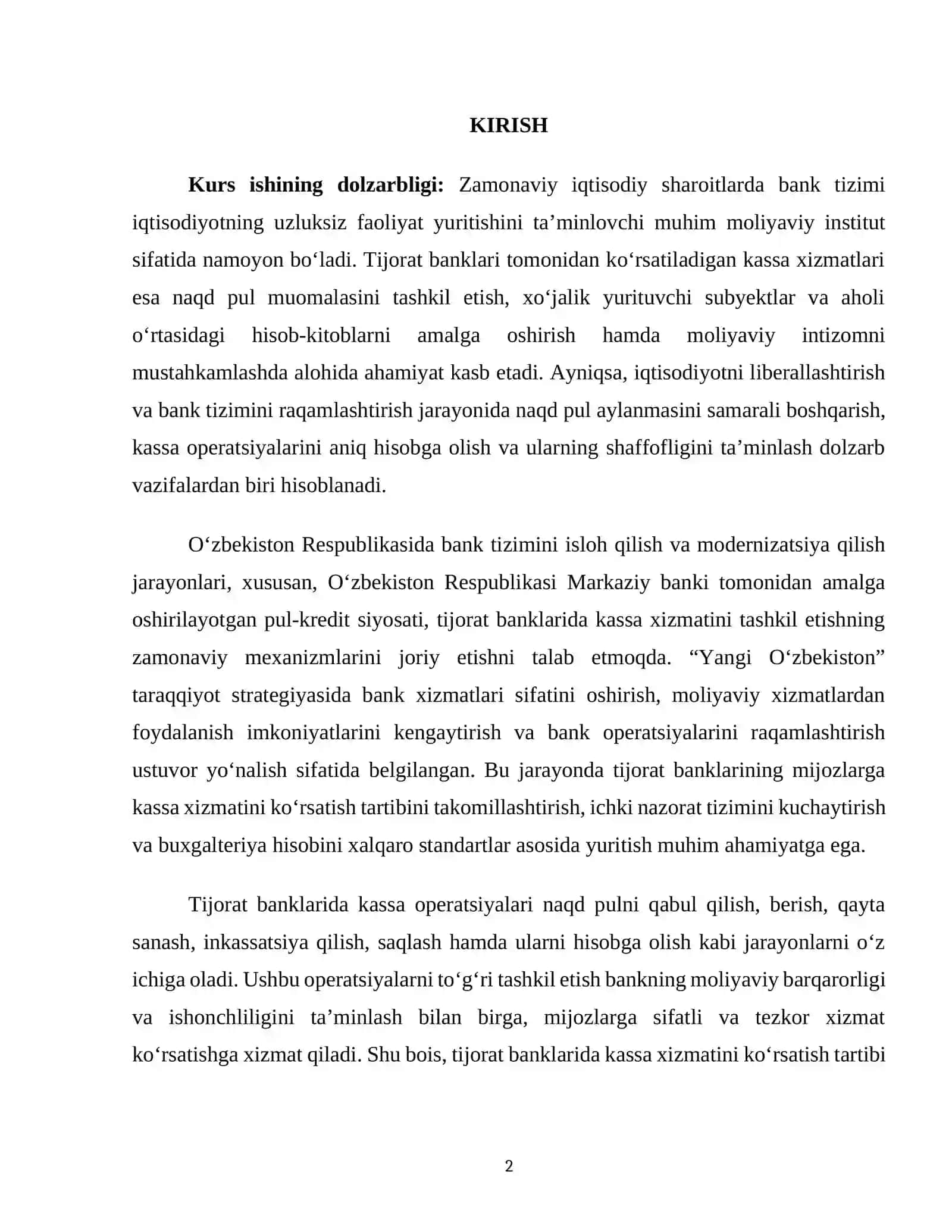 Tijorat bankining mijozlarga kassa xizmatini ko'rsatish tartibi va ularning hisobi 2