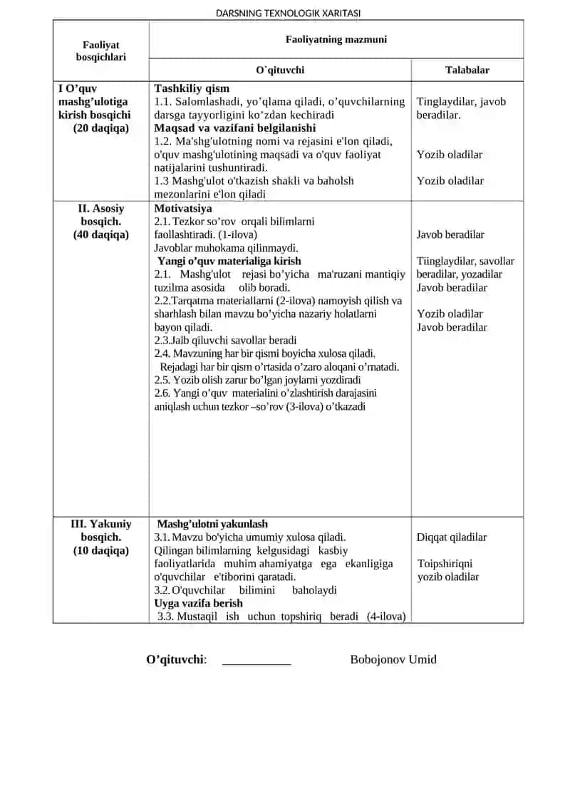 Traktor-kombayn shassilari tuzilishi va texnik xizmat ko’rsatish fаnidan o'quv mashg'ulotida ta'lim texnologiyasi modeli 2