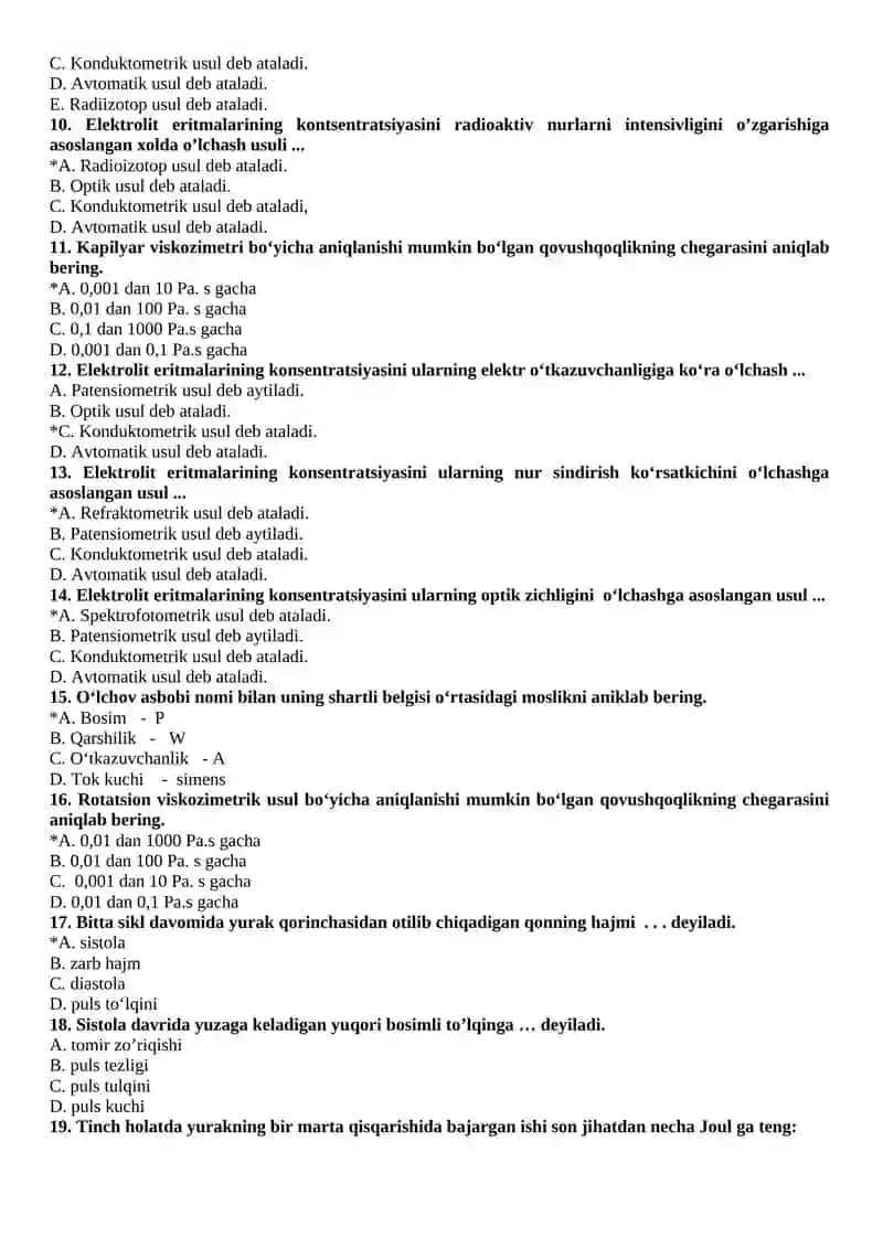 BIOFIZIKA FANIDAN ORALIQ NAZORAT TEST SAVOLLARI 2