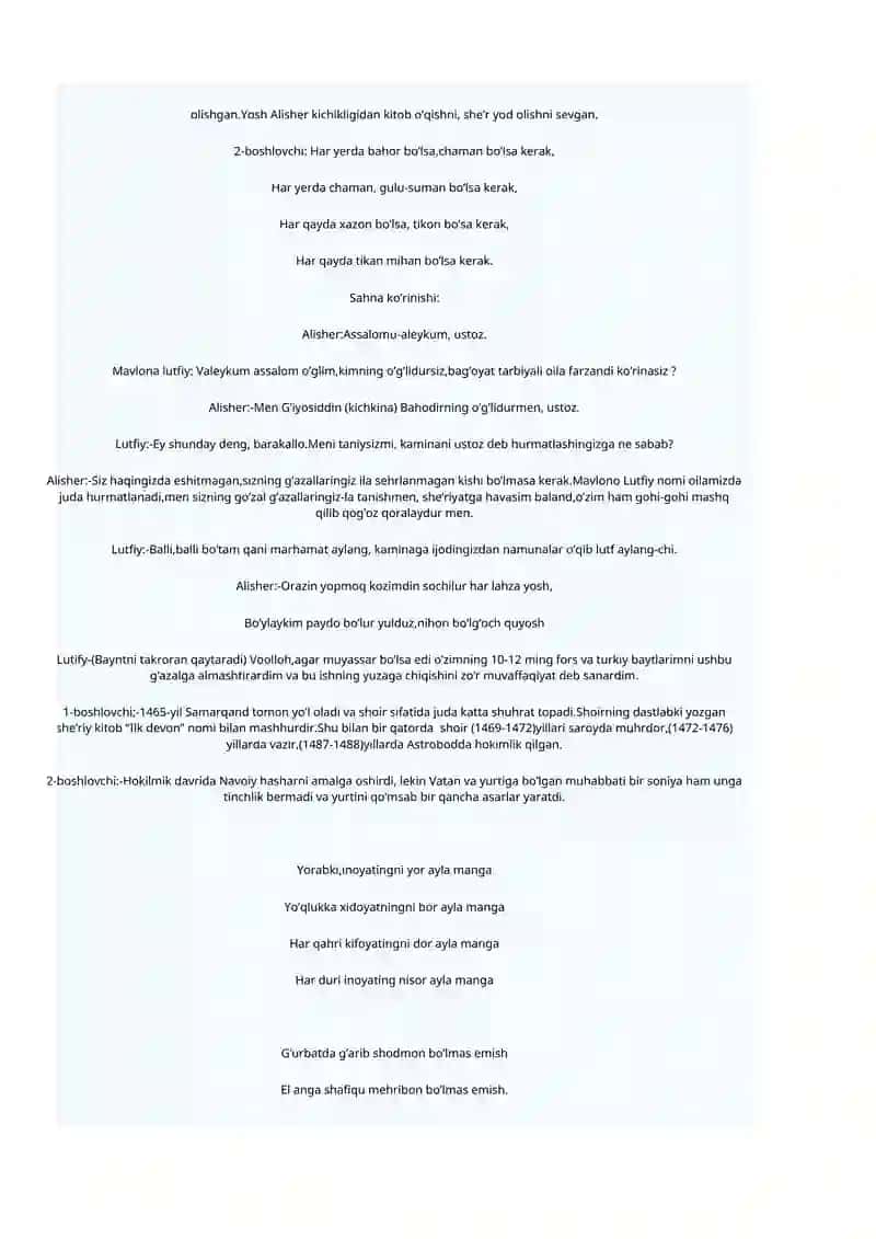 Ish reja Alisher Navoiy G'azal mulkining sultoni 2