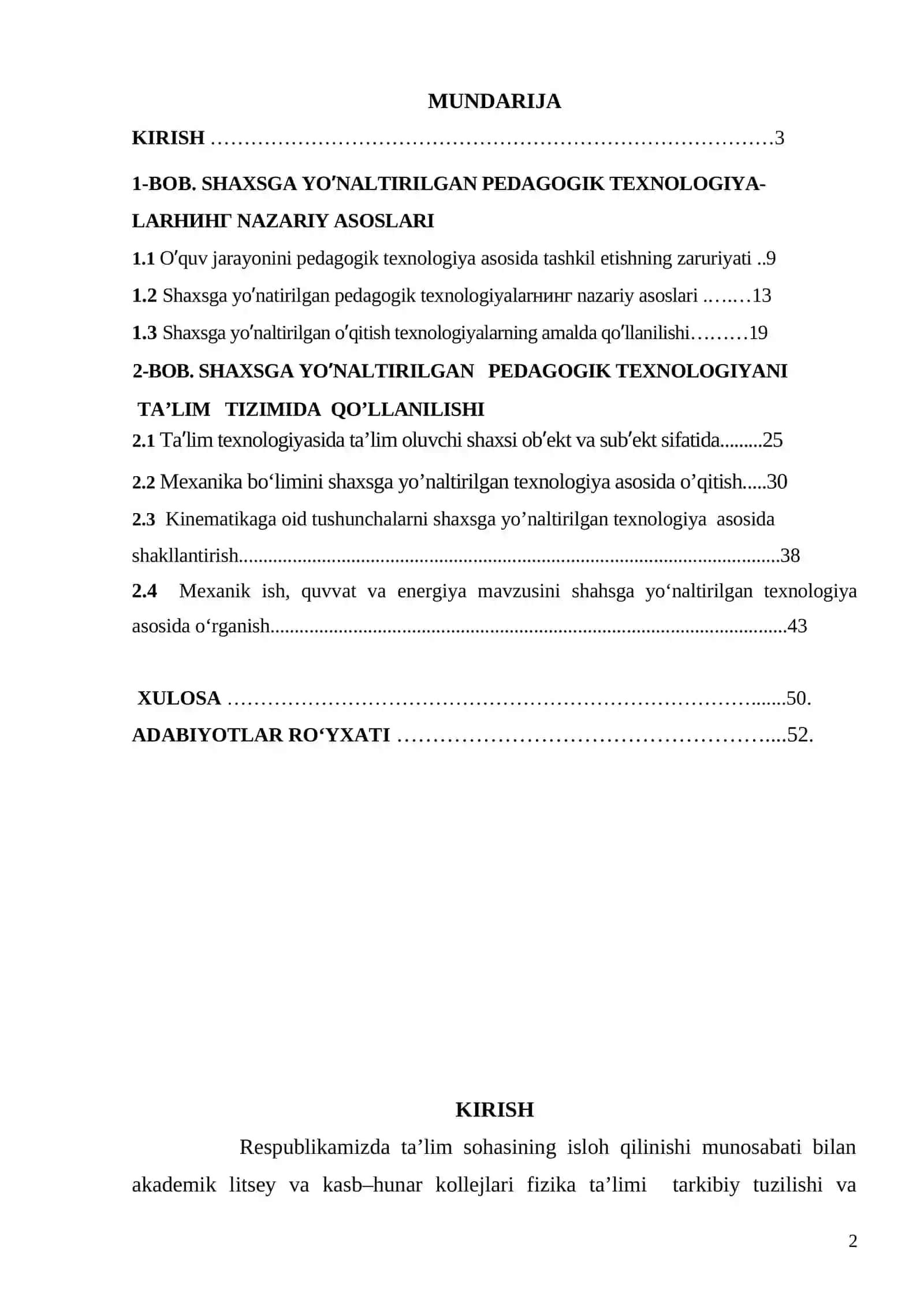 Akademik litseylar fizika ta’limini shaxsga yo‘naltirilgan pedagogik texnologiya asosida tashkil etish mexanika bo‘limi misolida 2