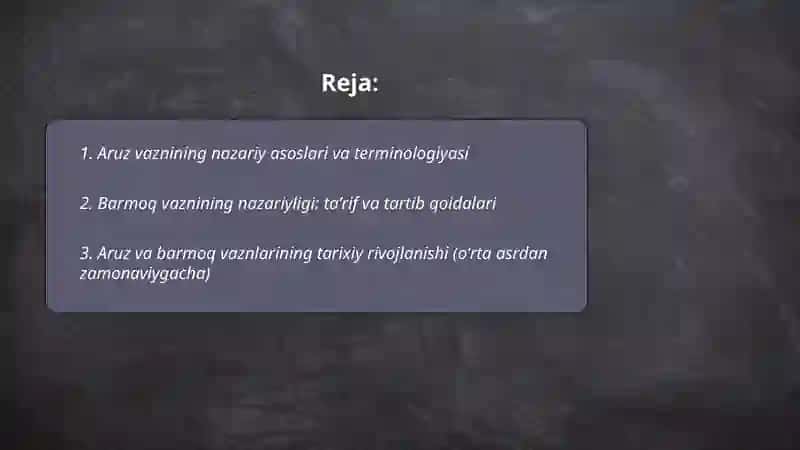 Aruz vazni, barmoq vazni:nazariy adabiyotlar 2