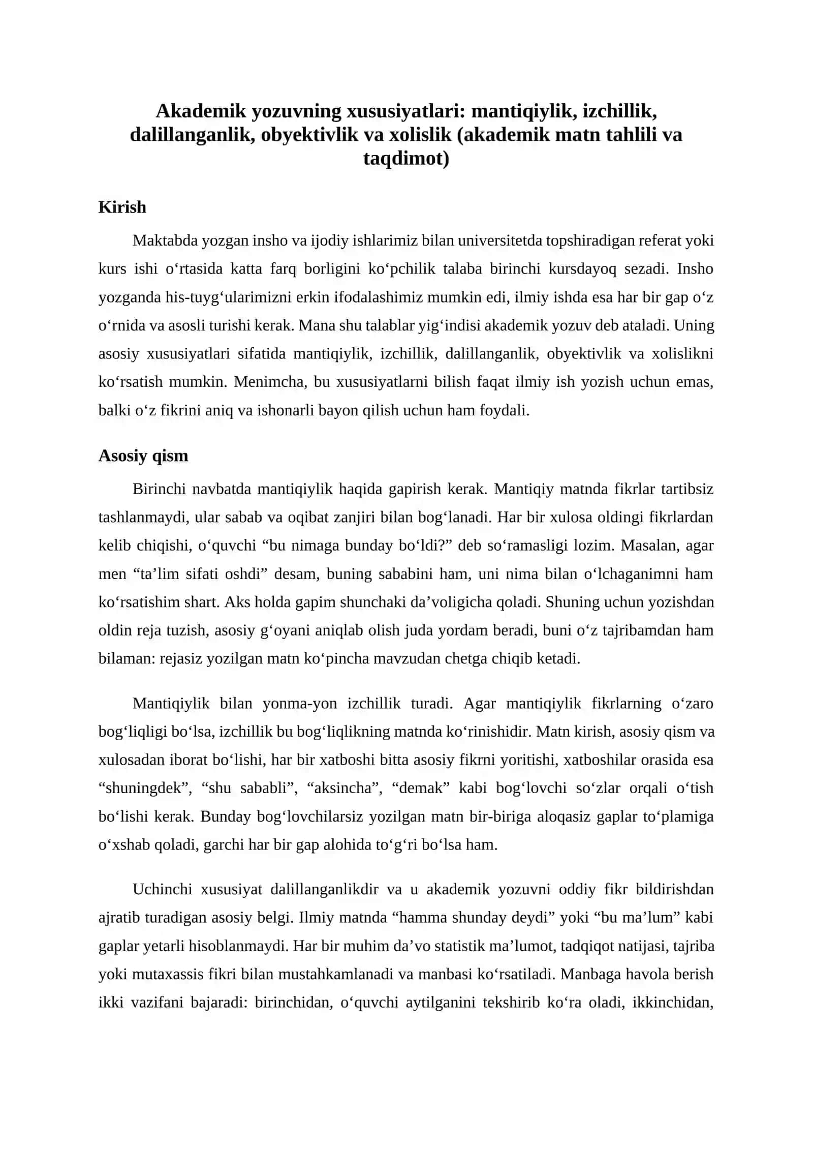 Akademik yozuvning xususiyatlari: mantiqiylik, izchillik, dalillanganlik, obyektivlik va xolislik (a 2