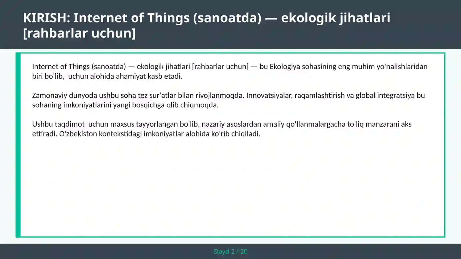 INTERNET OF THINGS (SANOATDA) — EKOLOGIK JIHATLARI [RAHBARLAR UCHUN] 2