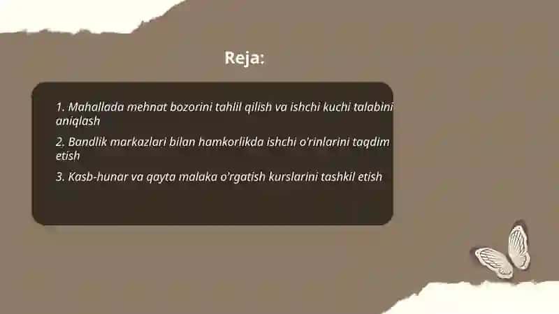 Ishsiz aholi bandligini taʼminlash va kambagʻallikni qisqartirish boʻyicha mahalla raisining hamkor tashkilotlar bilan amalga oshiradigan ustuvor vazifalari 2