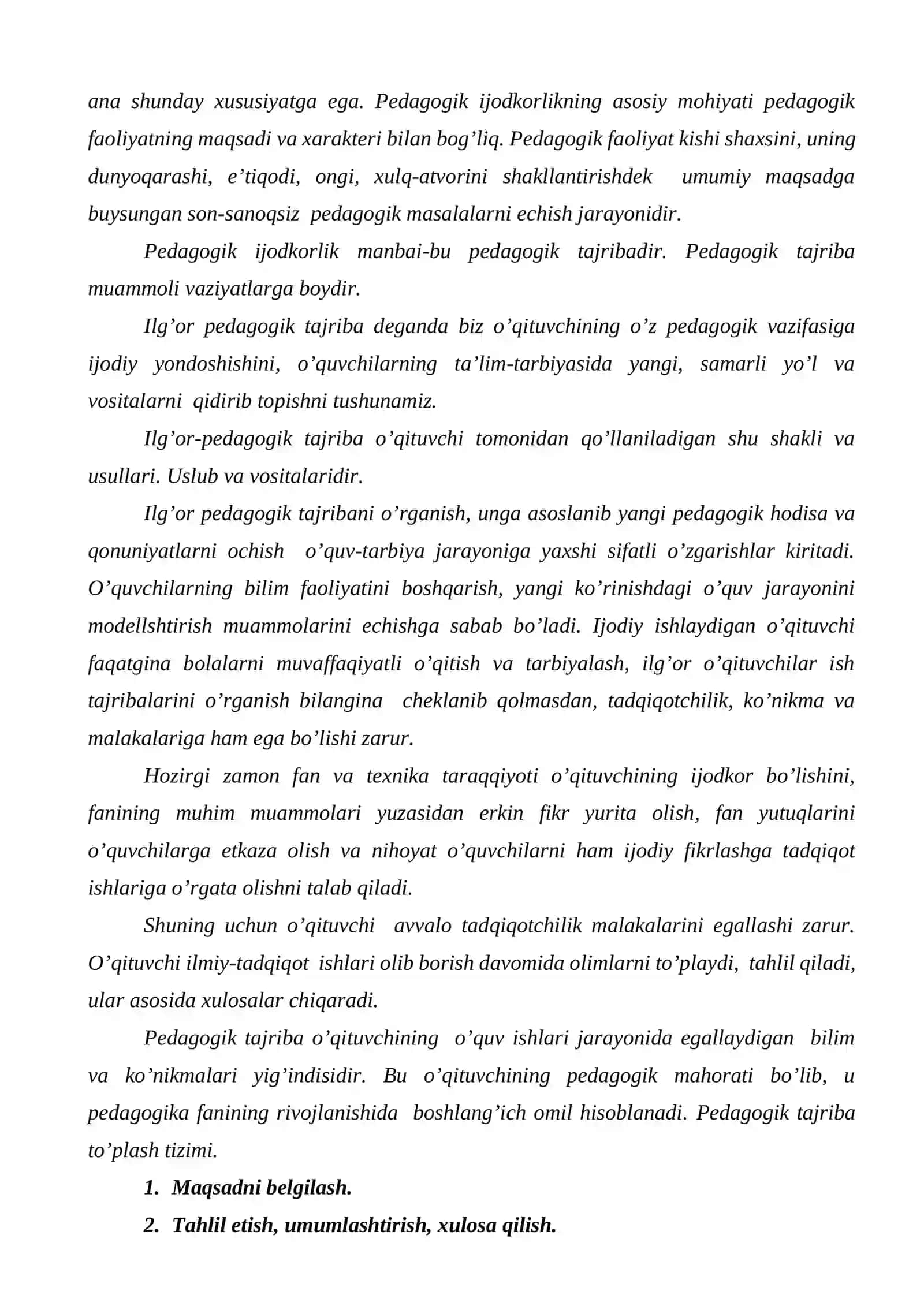 O'qituvchining ilg'or pedagogik tajribalarini to'plashi va amaliyotda qo'llashi 2