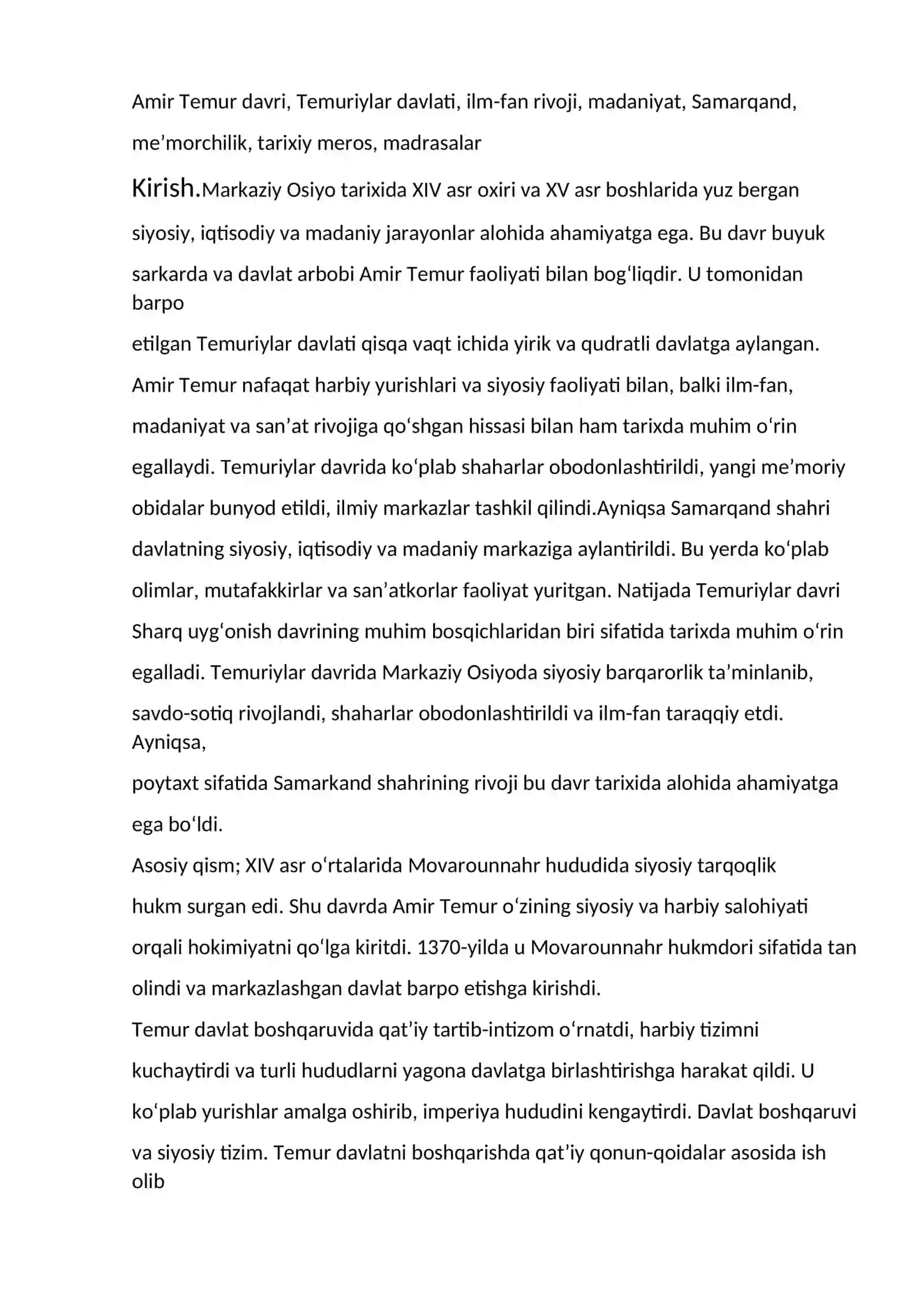 AMIR TEMUR DAVRI TARIXI: ILM-FAN VA MADANIYAT MASALASI MISOLIDA 2