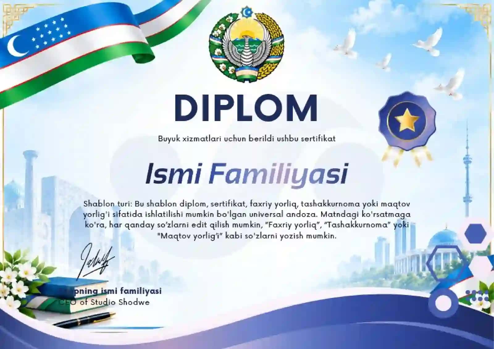 Shablon diplom, sertifikat, faxriy yorliq, tashakkurnoma yoki maqtov yorlig'i 2
