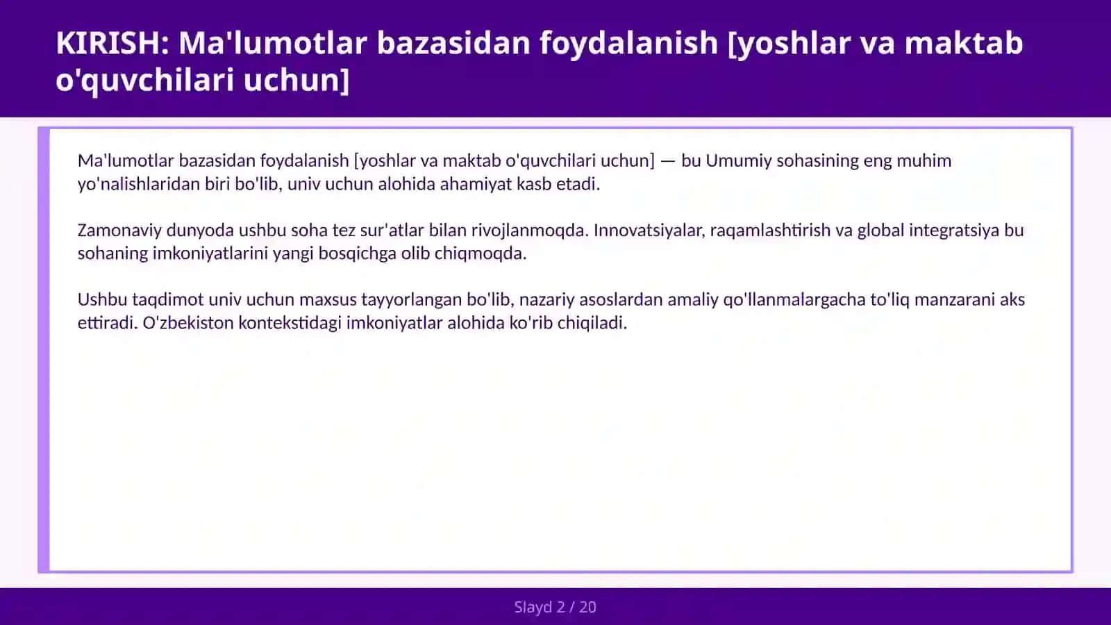 Ma'lumotlar bazasidan foydalanish [yoshlar va maktab o'quvchilari uchun] 2