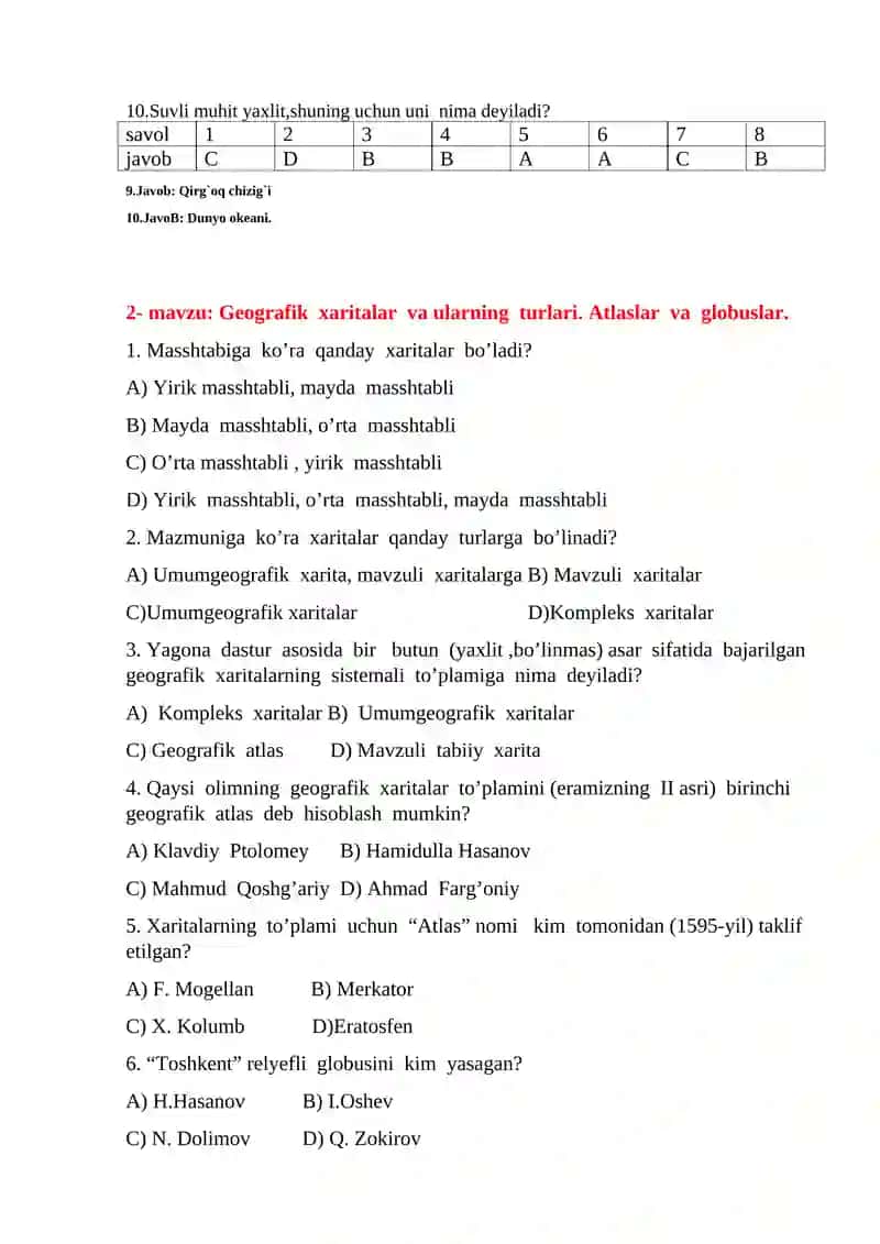 Materik va okeanlar tabiiy geografiyasidan test savollari 2