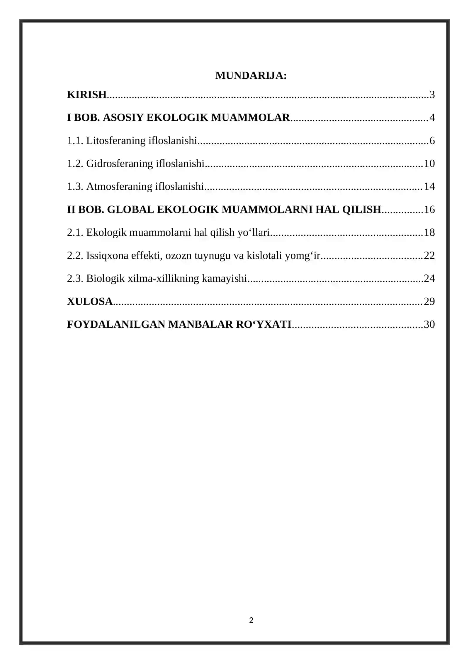 Ekologik muammolar. KURS ISHI 2