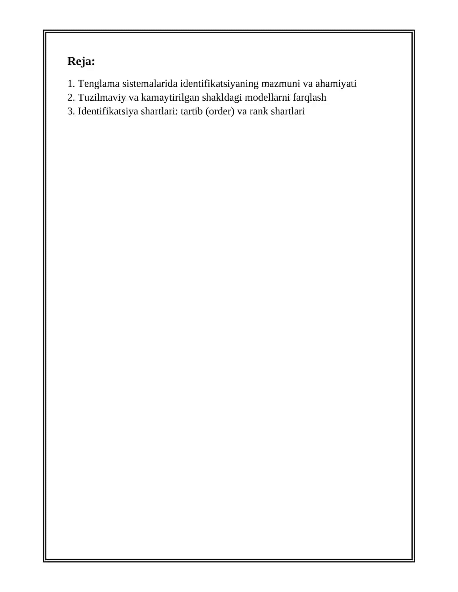 TENGLAMALAR SISTEMASIDA IDENTIFIKATSIYALASH MASALALARI 2