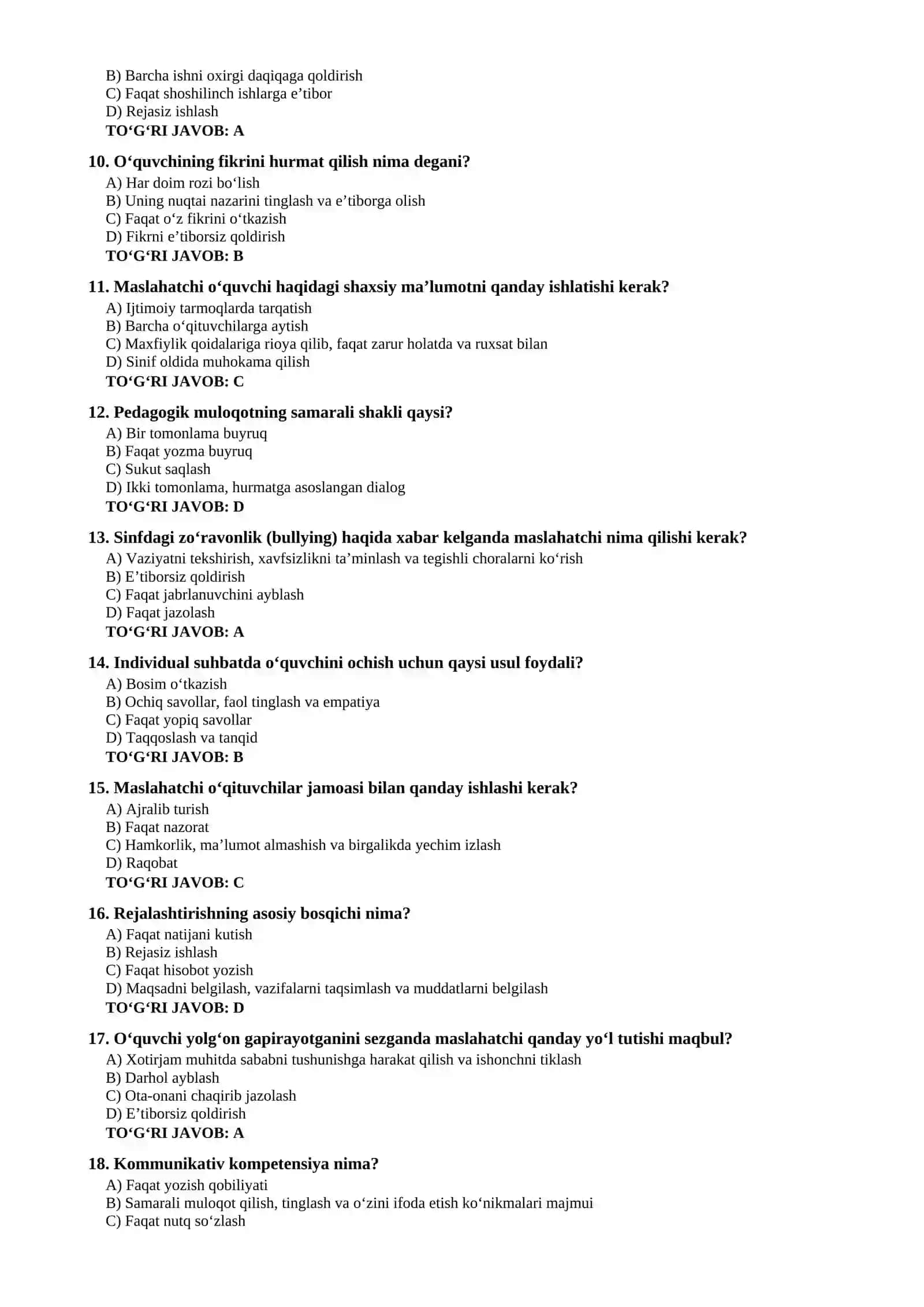 Maktab maslahatchisi testlar to'plami 2
