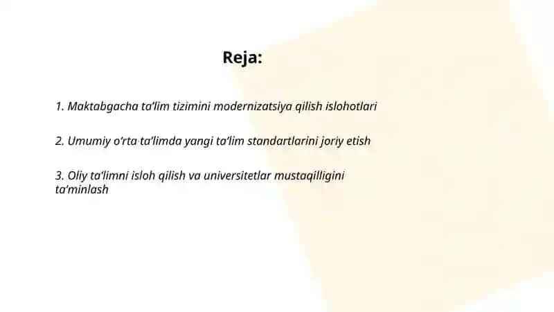 Maktabgacha taʼlim tizimini modernizatsiya qilish islohotlari 2