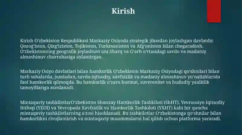 Oʻzbekiston Respublikasining Markaziy Osiyo Davlatlari Bilan Hamkorligi 2