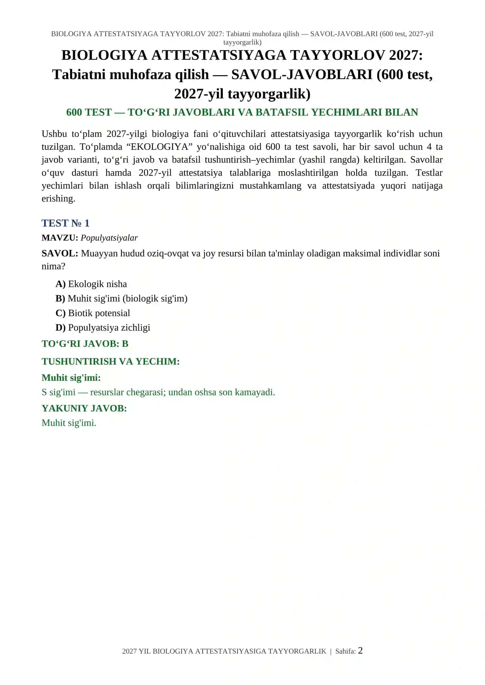 BIOLOGIYA ATTESTATSIYAGA TAYYORLOV 2027: Tabiatni muhofaza qilish — SAVOL-JAVOBLARI (600 test, 2027-yil tayyorgarlik) 2