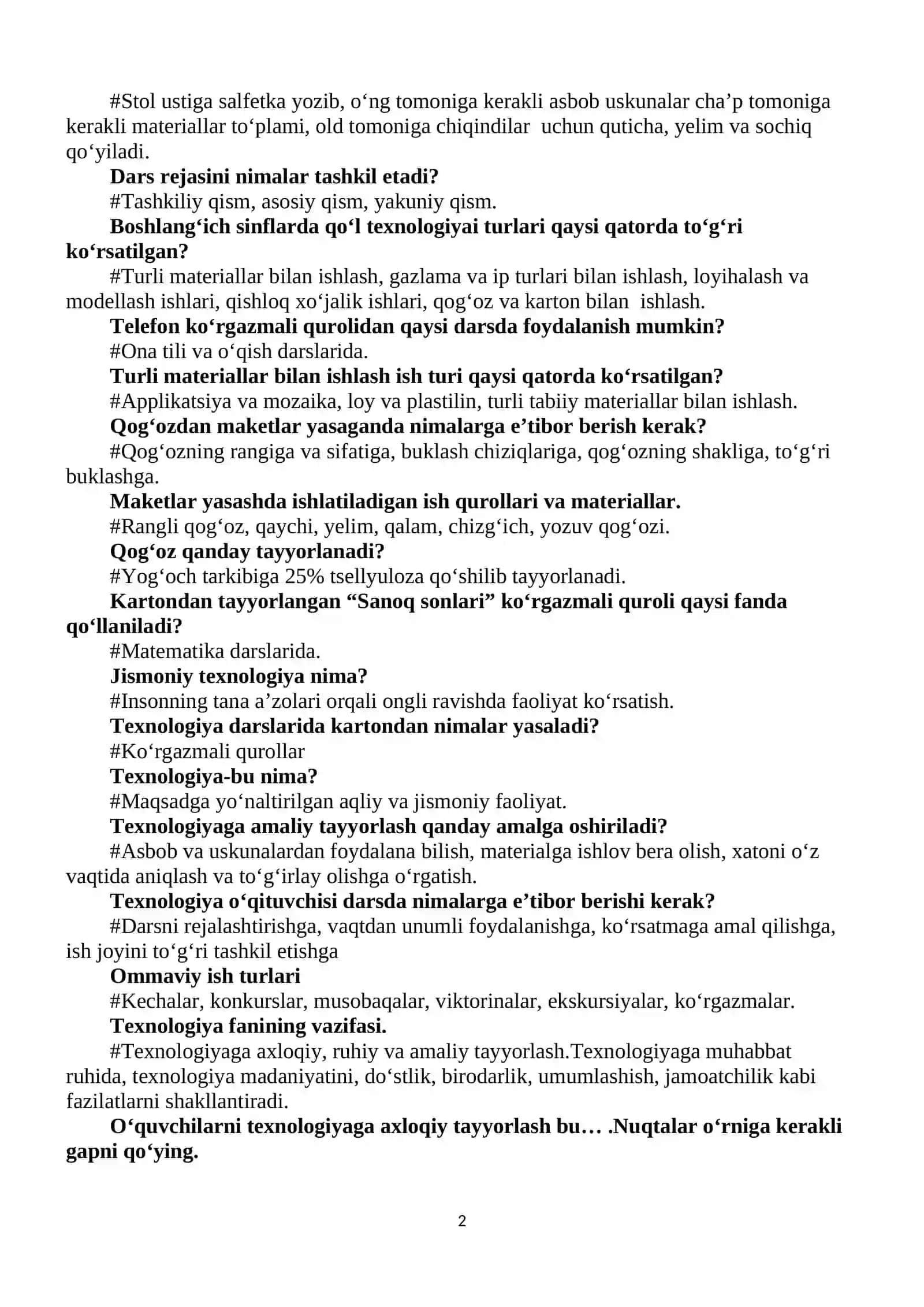 Texnologiya O‘qitish Metodikasi Test Savollari 2