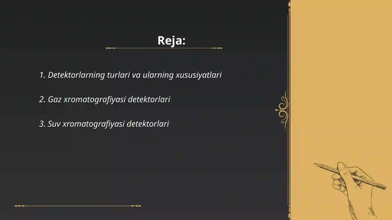 Detektorlar turlari. Miqdoriy va miqdoriy xromatografik tahlil sifatli usullar Qambarova Zarnigor 2