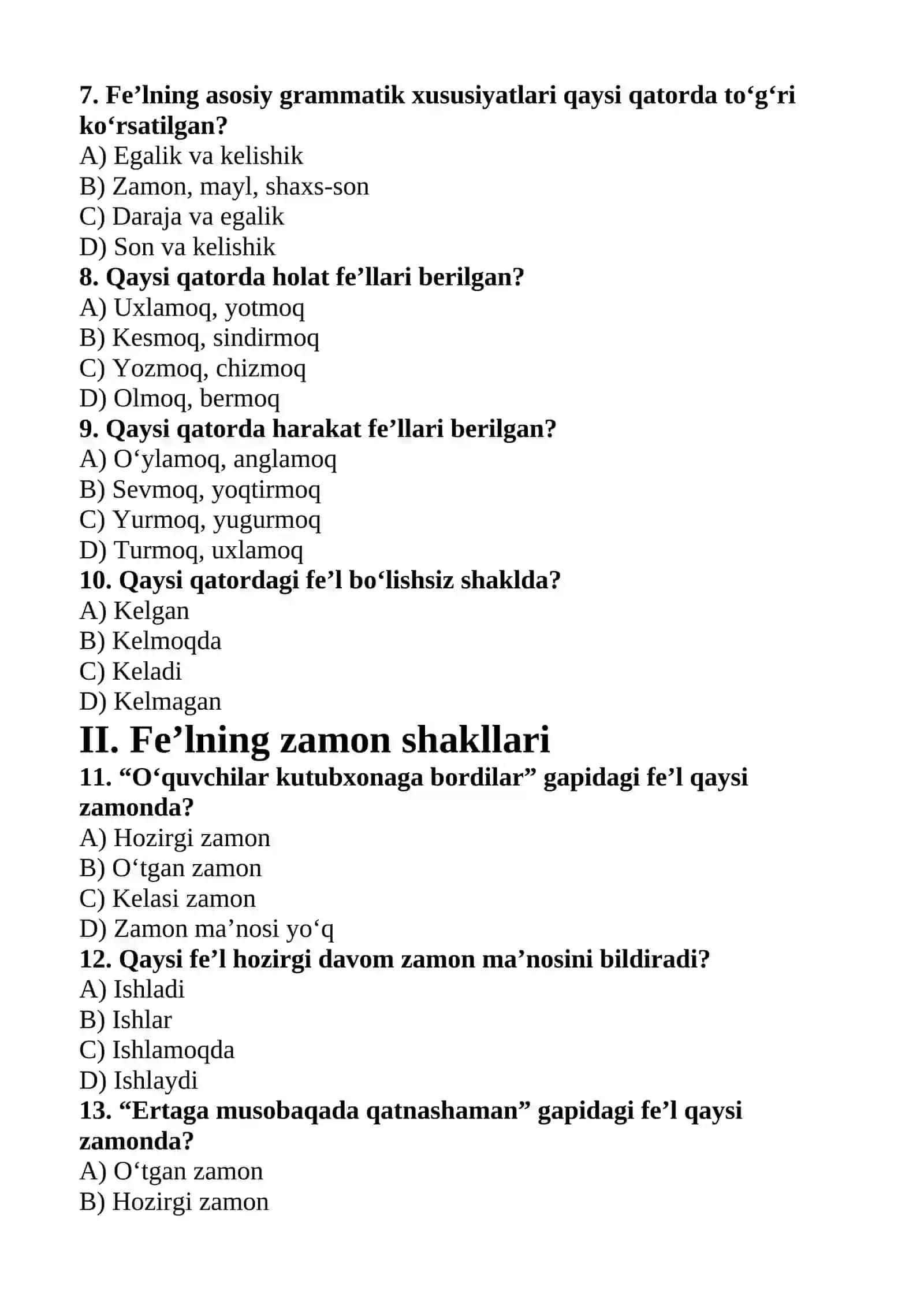 Fe'l so'z turkumi 100talik umumiy test 2