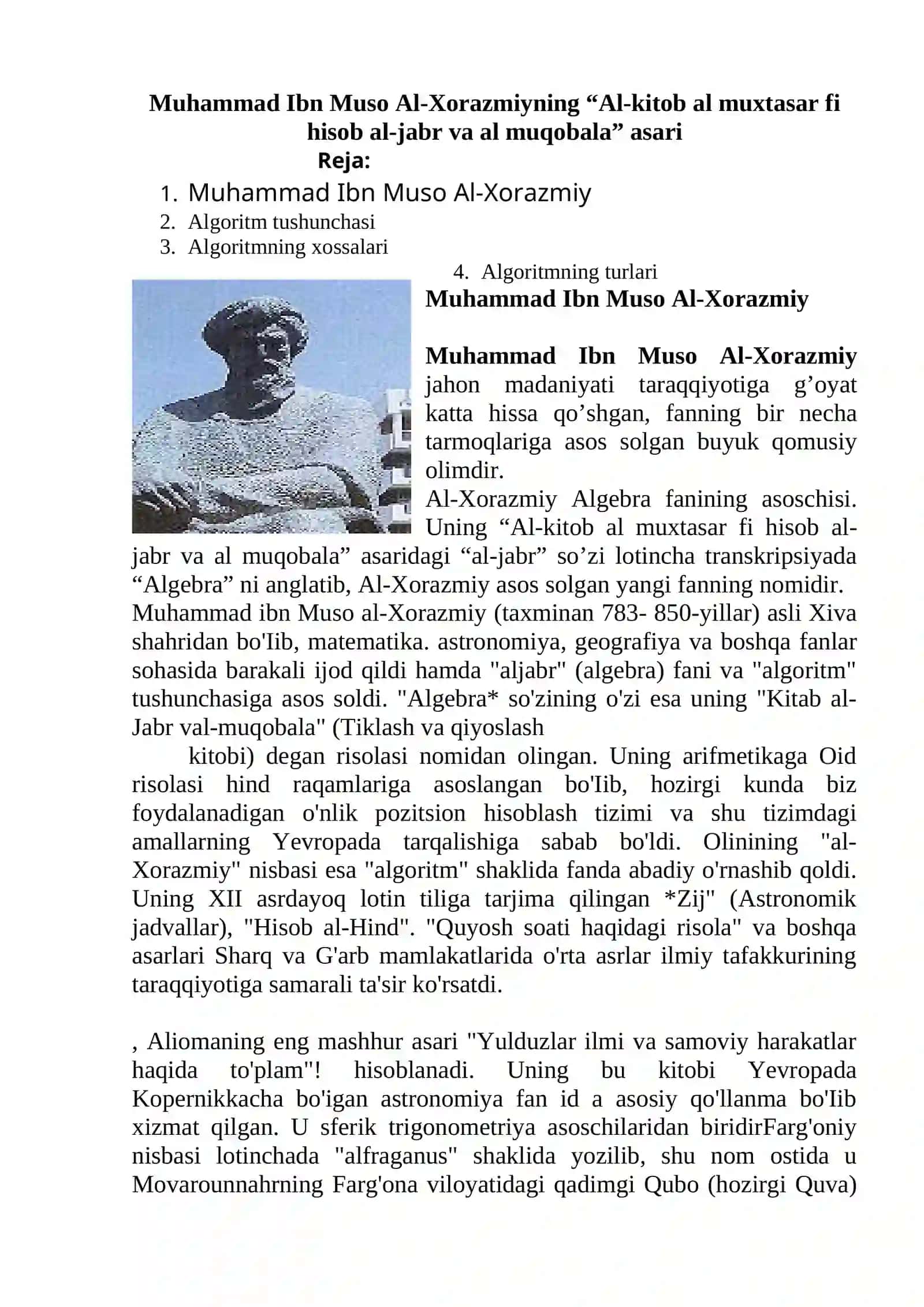 Muhammad Ibn Muso Al-Xorazmiyning “Al-kitob al muxtasar fi hisob al-jabr va al muqobala” asari 2