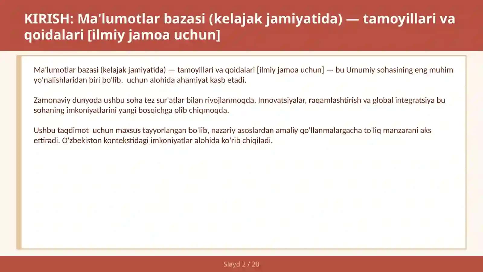 MA'LUMOTLAR BAZASI (KELAJAK JAMIYATIDA) — TAMOYILLARI VA QOIDALARI [ILMIY JAMOA UCHUN] 2