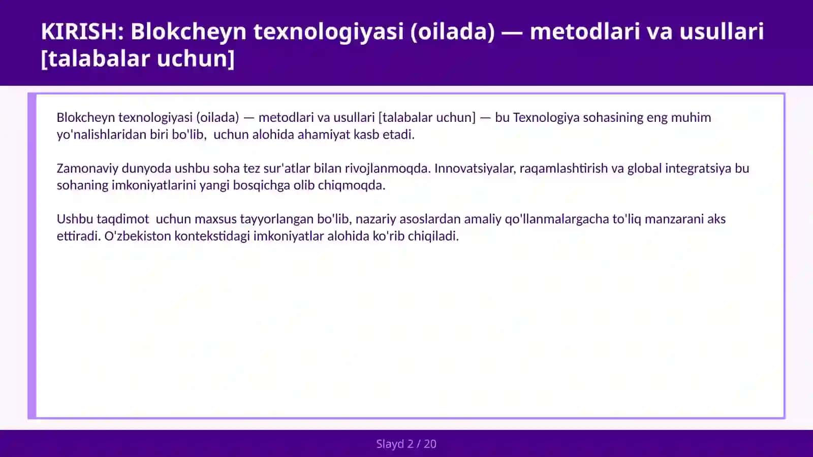 Blokcheyn texnologiyasi (oilada) — metodlari va usullari [talabalar uchun] 2