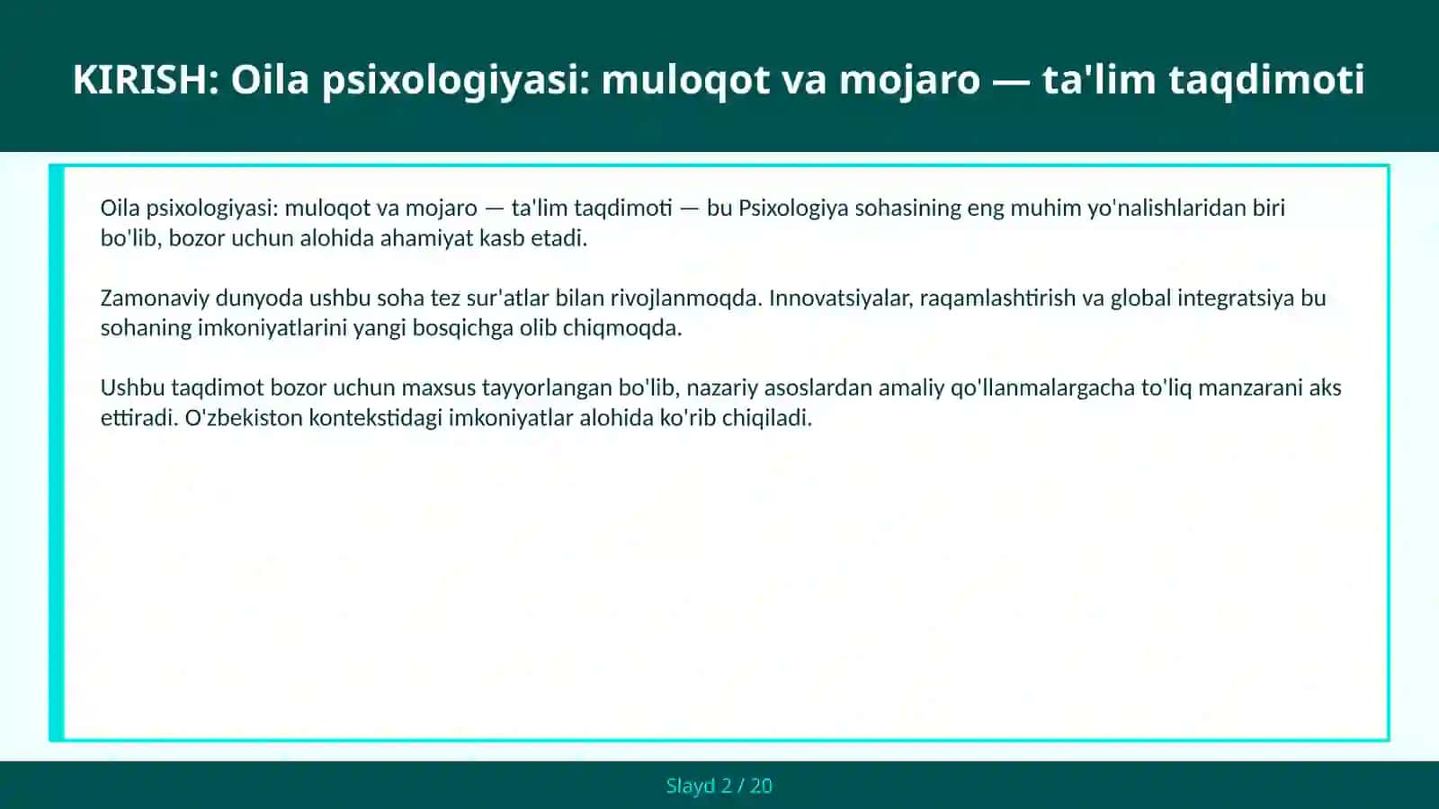 Oila psixologiyasi: muloqot va mojaro — ta'lim taqdimoti 2