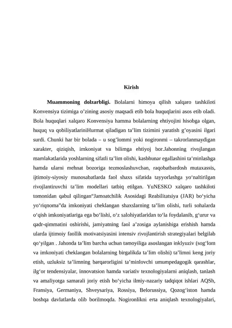 O‘zbekistonda inklyuziv ta’limga muhtoj bolalar bilan ishlash kurs ishi 2