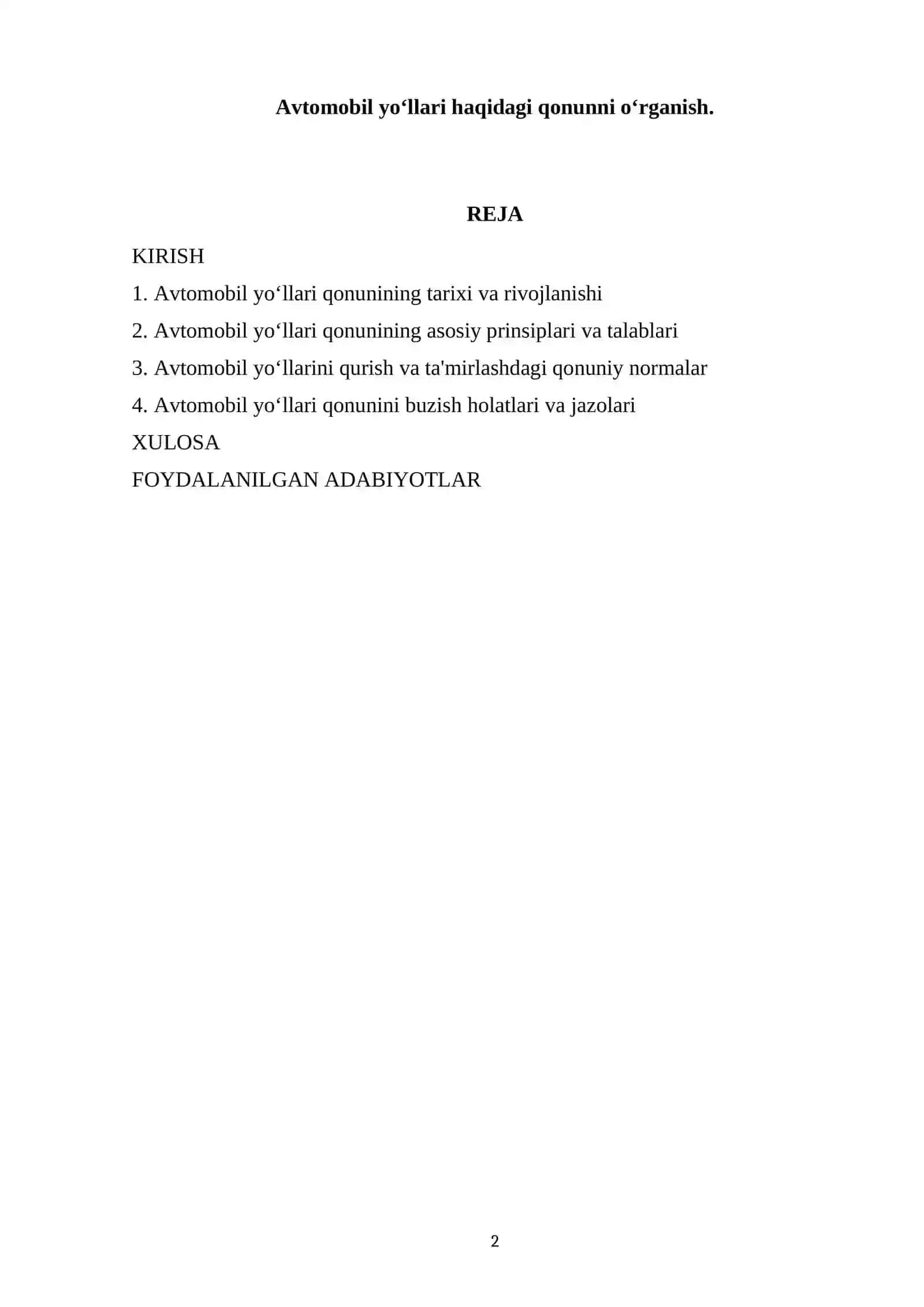 Avtomobil yo‘llari haqidagi qonunni o‘rganish 2