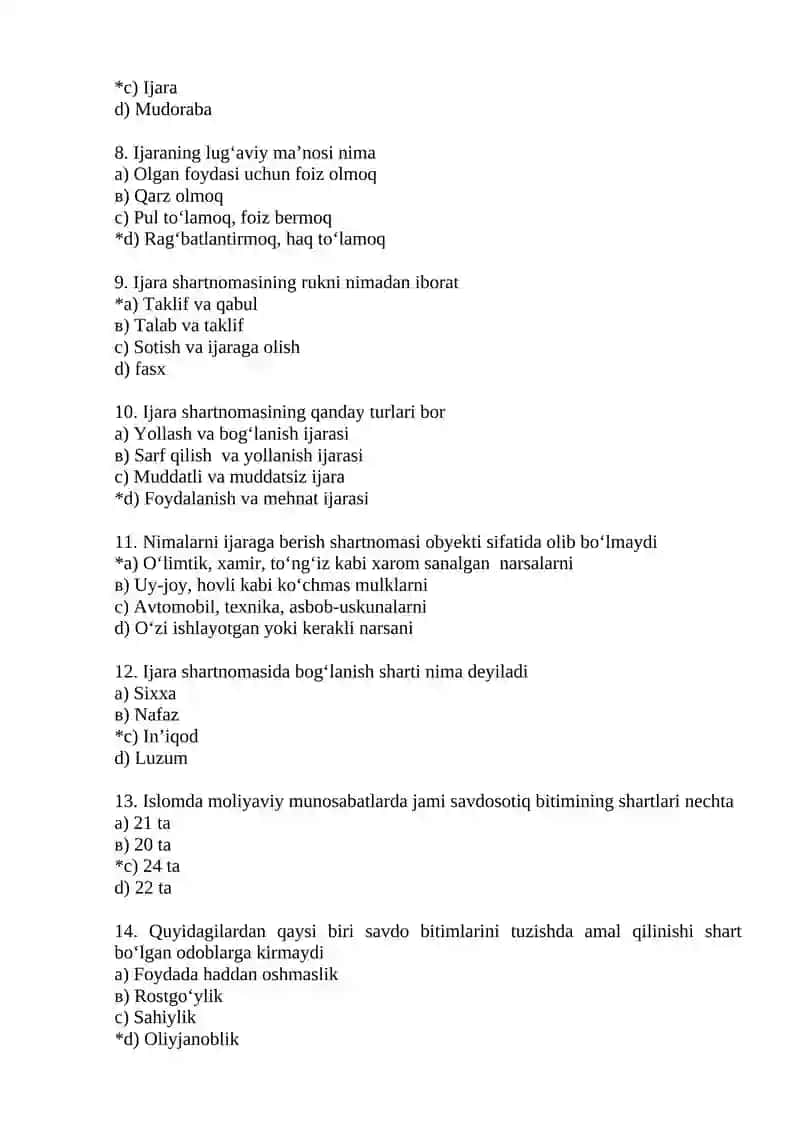 Islom moliyasi fanidan test savollari 2