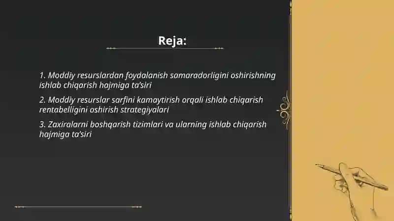 Moddiy resurslardan foydalanish samaradorligi va ularni ishlab chiqarish hajmiga taʼsirini tahlili 2
