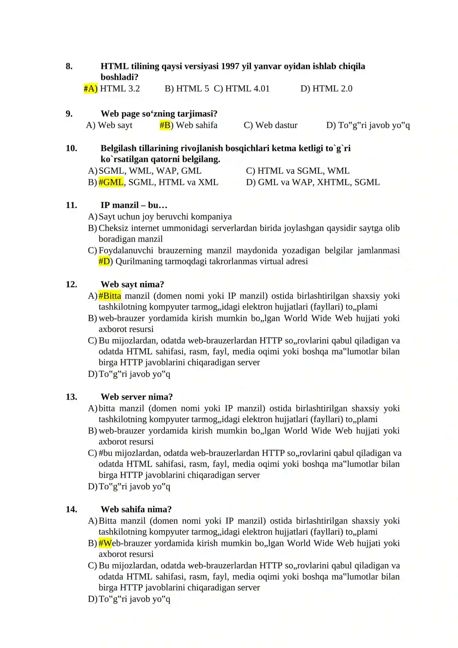 WEB DASTURLASHGA KIRISH FANIDAN IV-SEMESTR MAVZULASHTIRILGAN TESTLAR 2