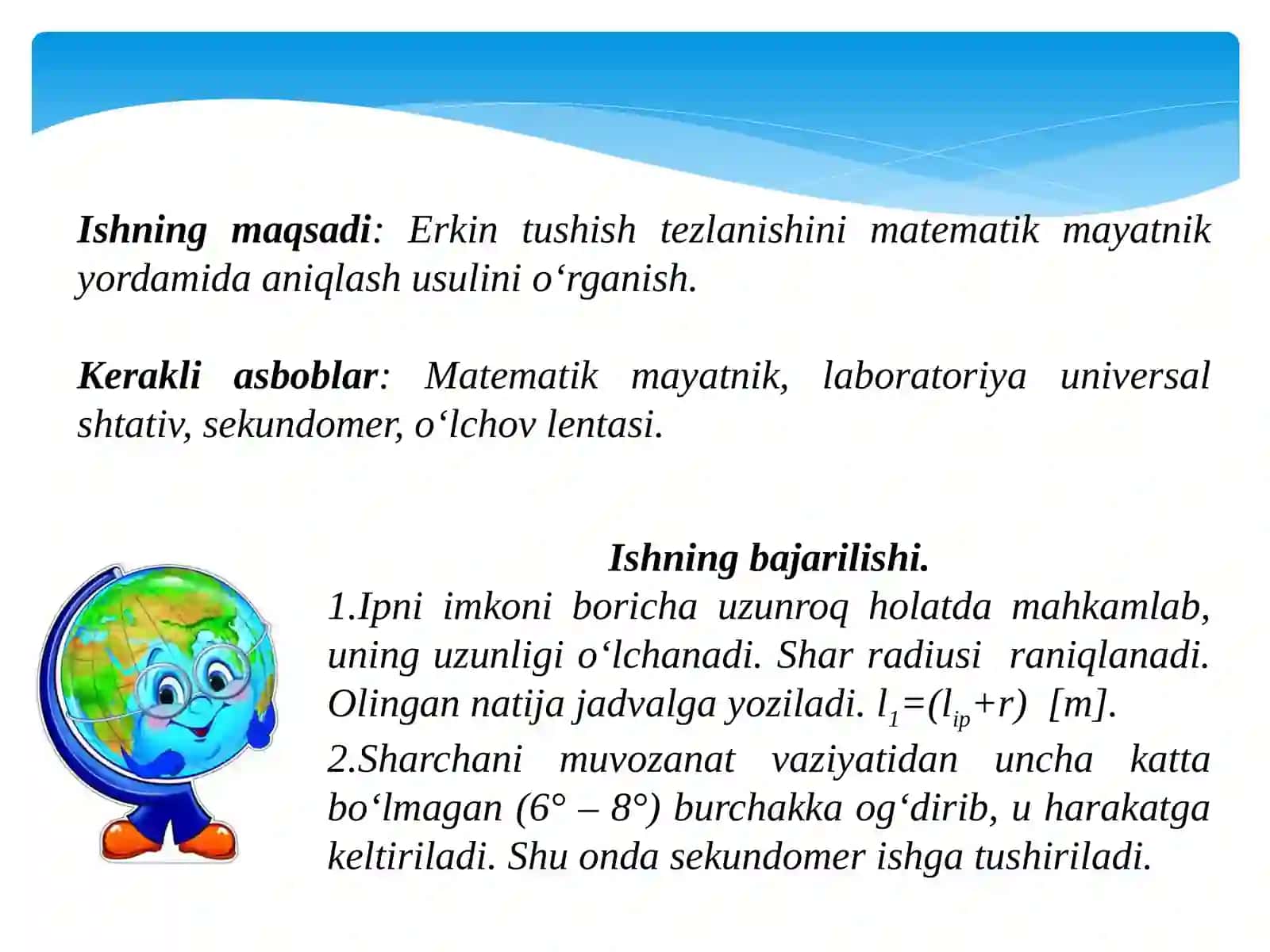 LABORATORIYA ISHI: MATEMATIK MAYATNIK YORDAMIDA ERKIN TUSHISH TEZLANISHINI ANIQLASH 2