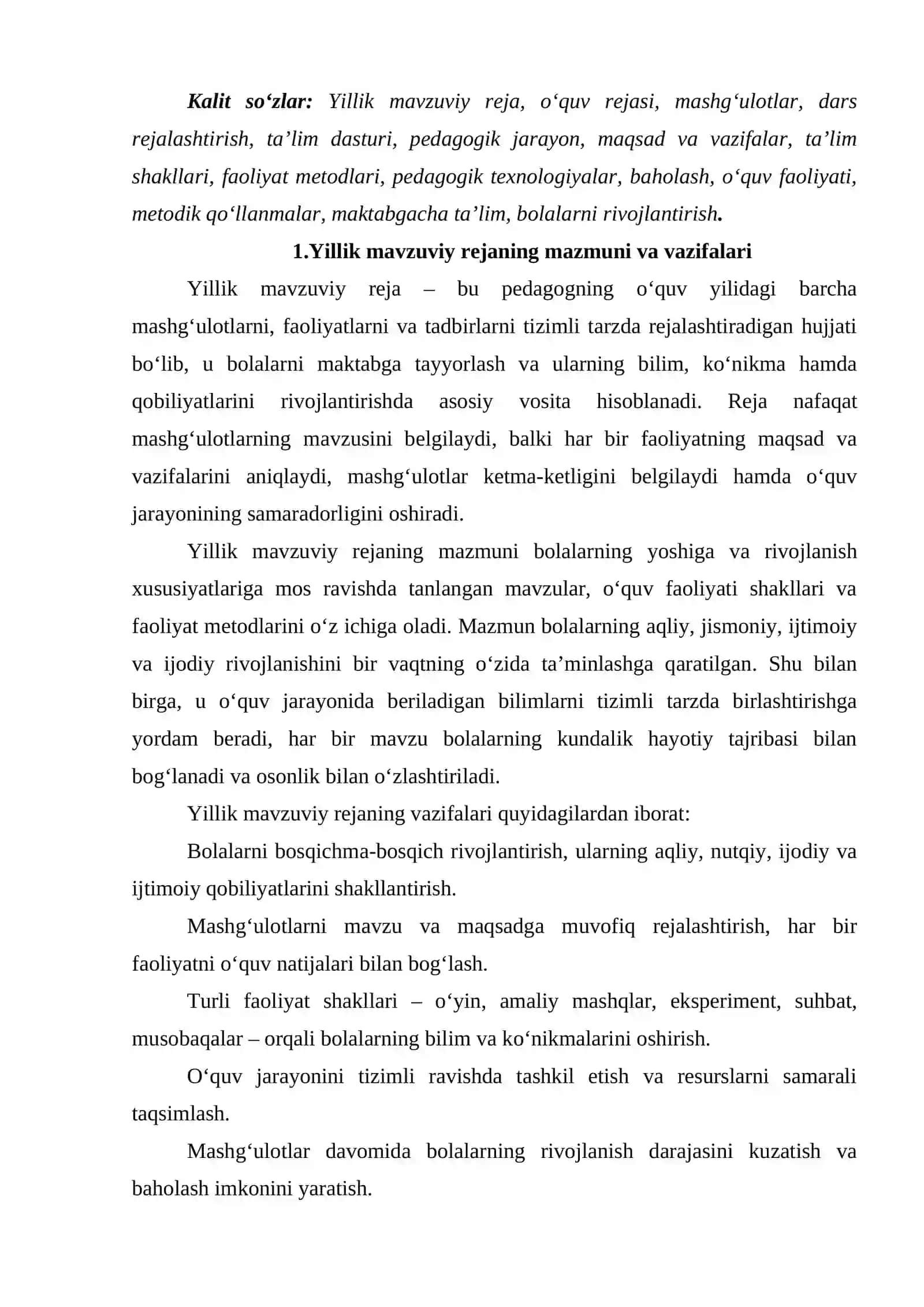 Yillik mavzuviy reja asosiada mashg‘ulotlar tuzish. 2