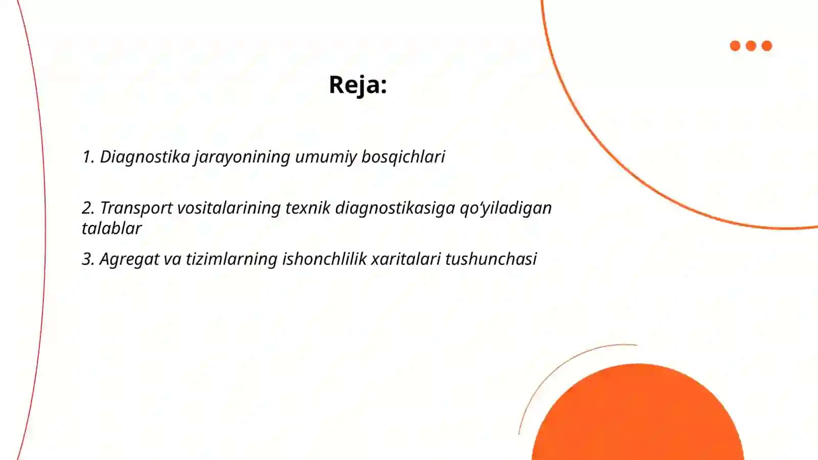 Diagnostikani umimiy jarayonlari va transport vositalari texnik diagnostikasiga qoyiladigan talabalar transport vositalari agregat va tizimlarining ishonchlilik xaritalari dignostik parametrlar avtomobil gildiraklari ogish burchaklari 2