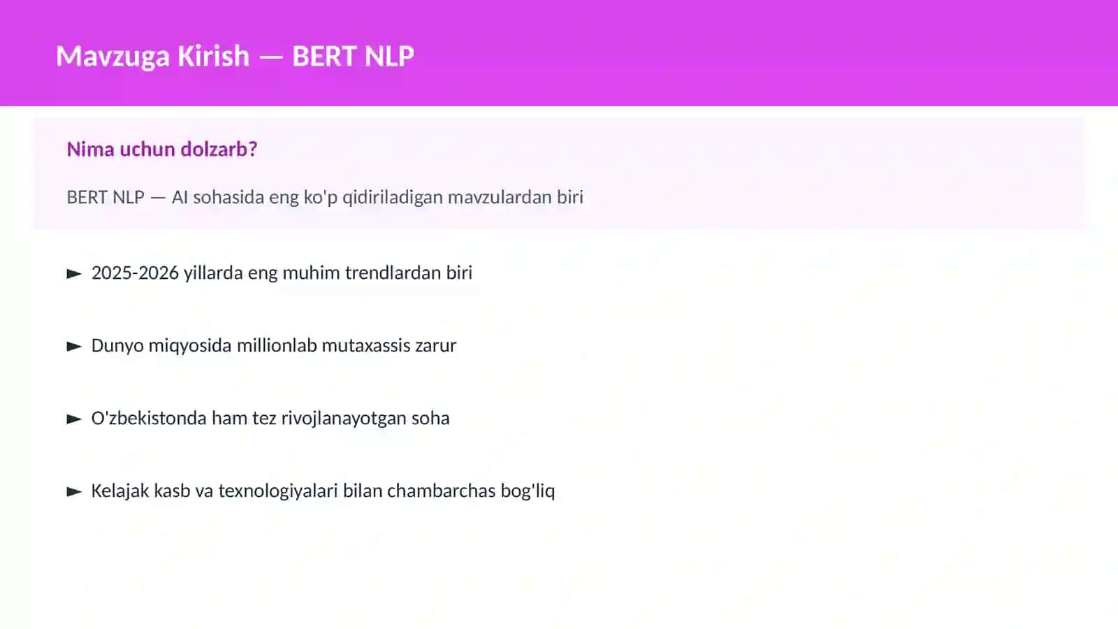 AI | DEEP LEARNING VA NEYRON TARMOQLAR BERT NLP 2