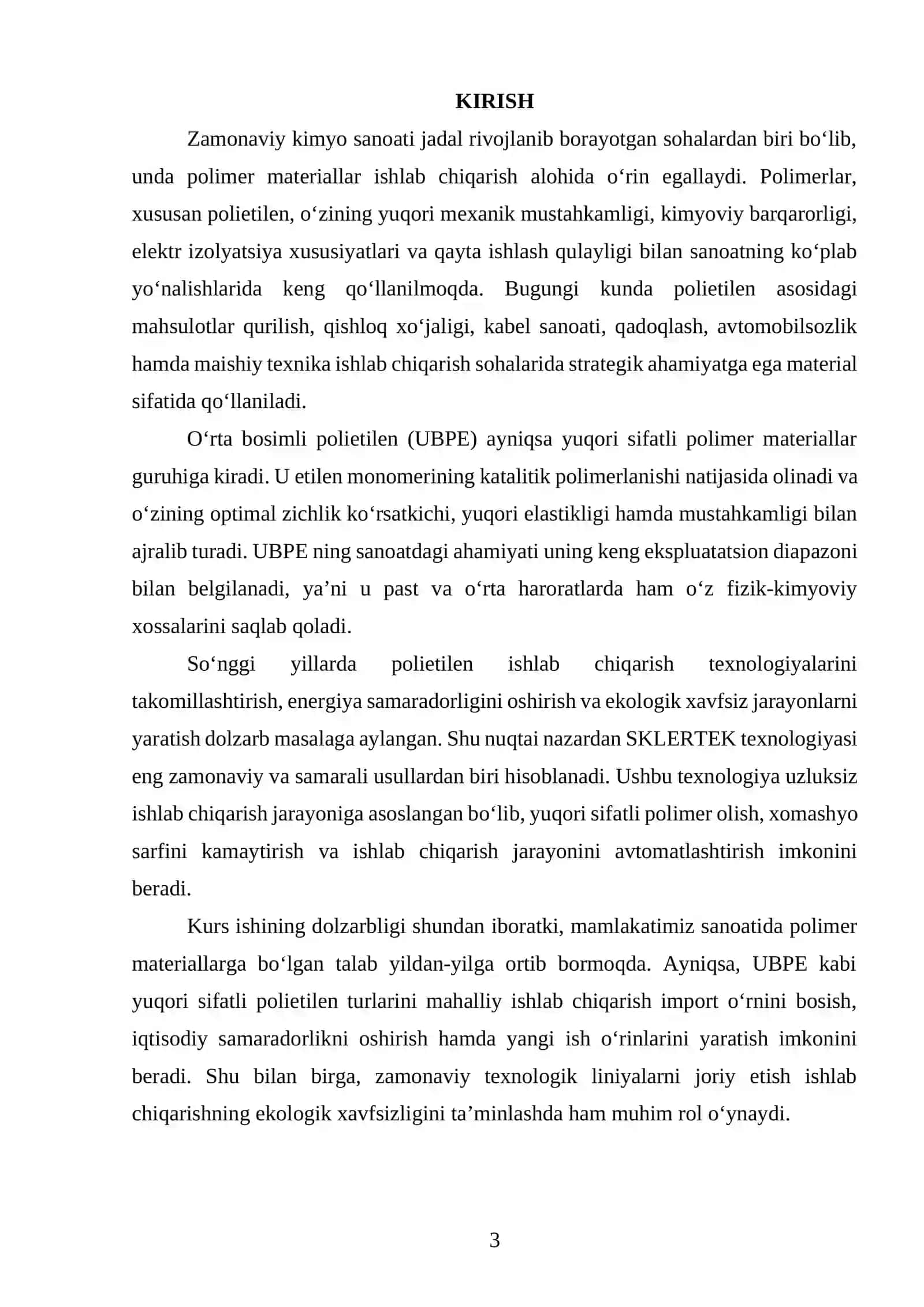 SKLERTEK texnologiyasi boʻyicha quvvati 30 t/sutka boʻlgan oʻrta bosimli polietilen (UBPE) ishlab chiqarish texnologik liniyasini loyihalash 2