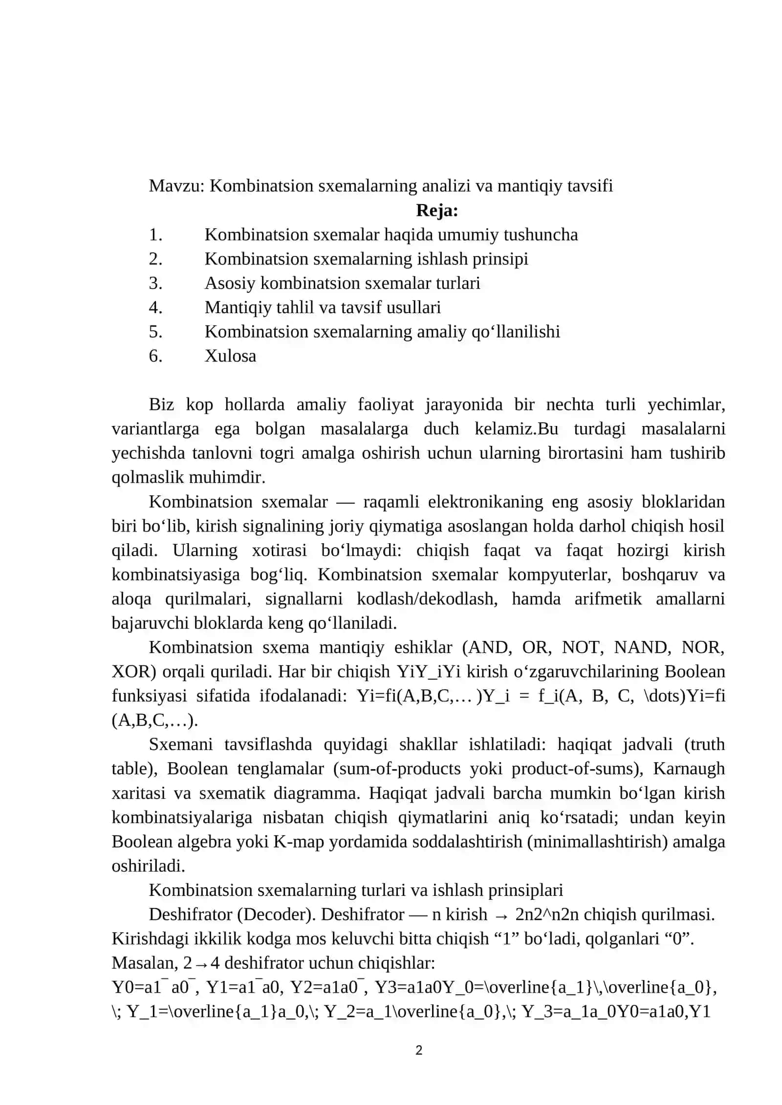 Kombinatsion sxemalarning analizi va mantiqiy tavsifi 2