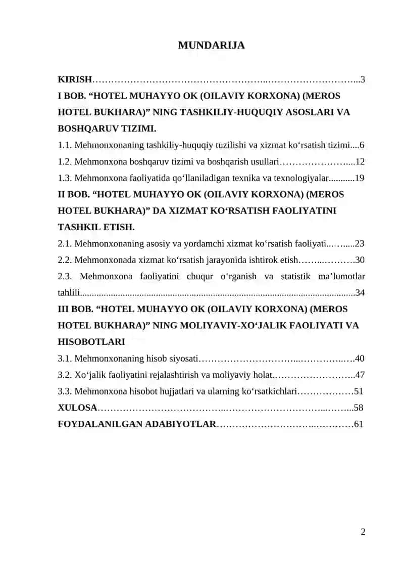 Hotel Muhayyo OK (oilaviy korxona) (Meros Hotel Bukhara). Mehmonxona tarmog'i bitiruv amaliyot hisoboti 2