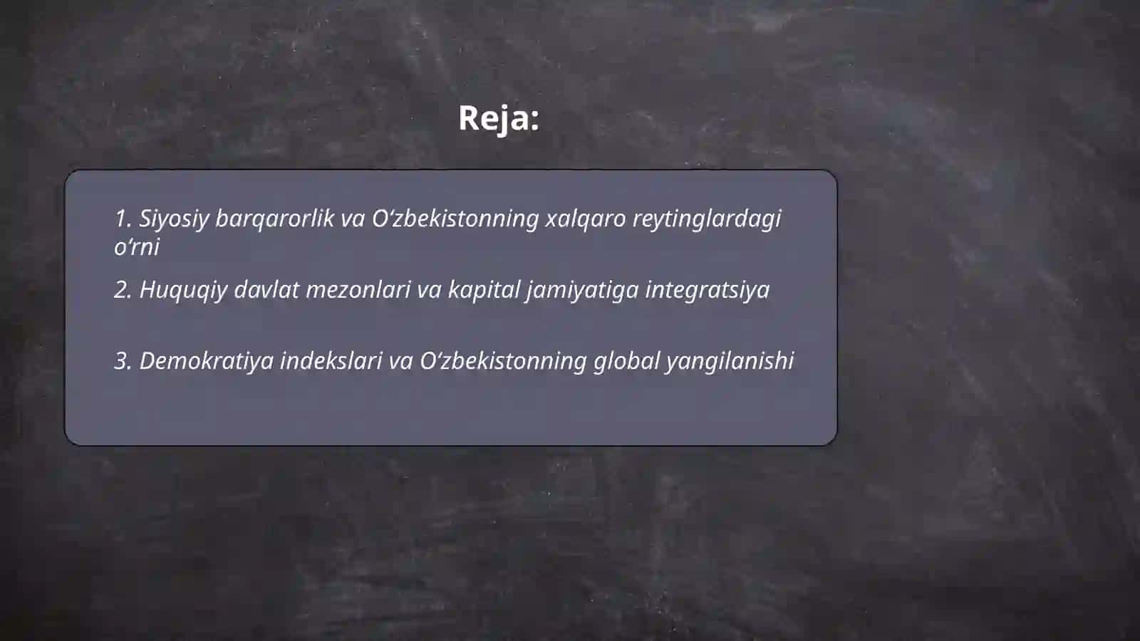 Siyosiy-huquqiy sohadagi ustuvor halqaro reytinglar va ularga O'zbekistonning integratsiyalashuvi 2