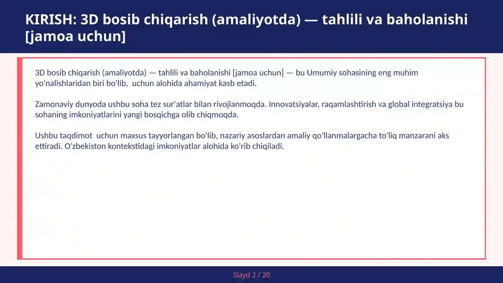 3D BOSIB CHIQARISH (AMALIYOTDA) — TAHLILI VA BAHOLANISHI [JAMOA UCHUN] 2