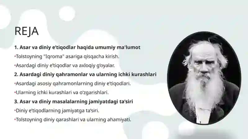 Lev Tolstoyning "Iqroma" asarida diniy e’tiqodlar tahlili. 2