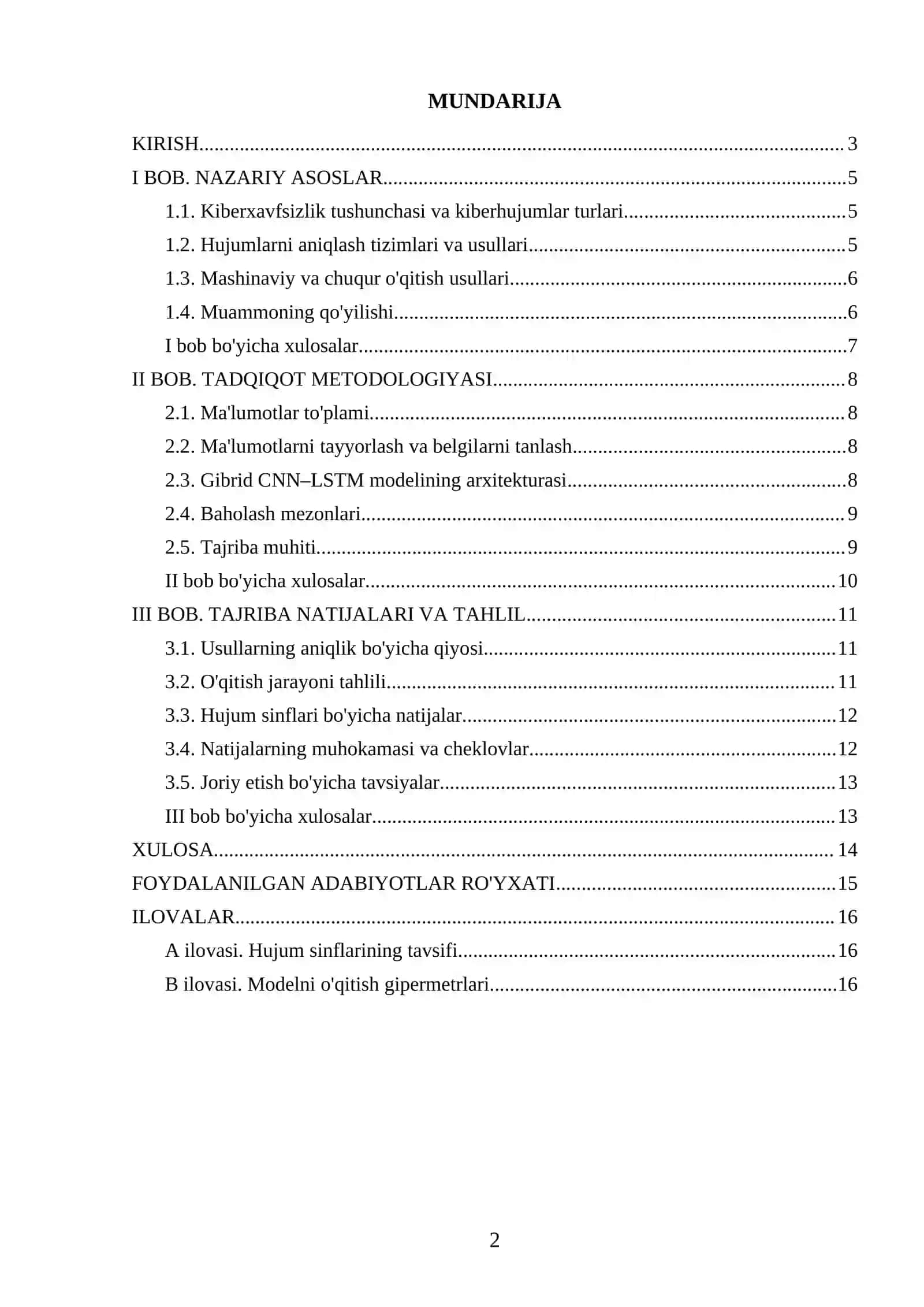 KIBERXAVFSIZLIK TIZIMLARIDA SUN'IY INTELLEKT YORDAMIDA KIBERHUJUMLARNI ANIQLASH MODELINI ISHLAB CHIQISH DISSERTATSIYA 2