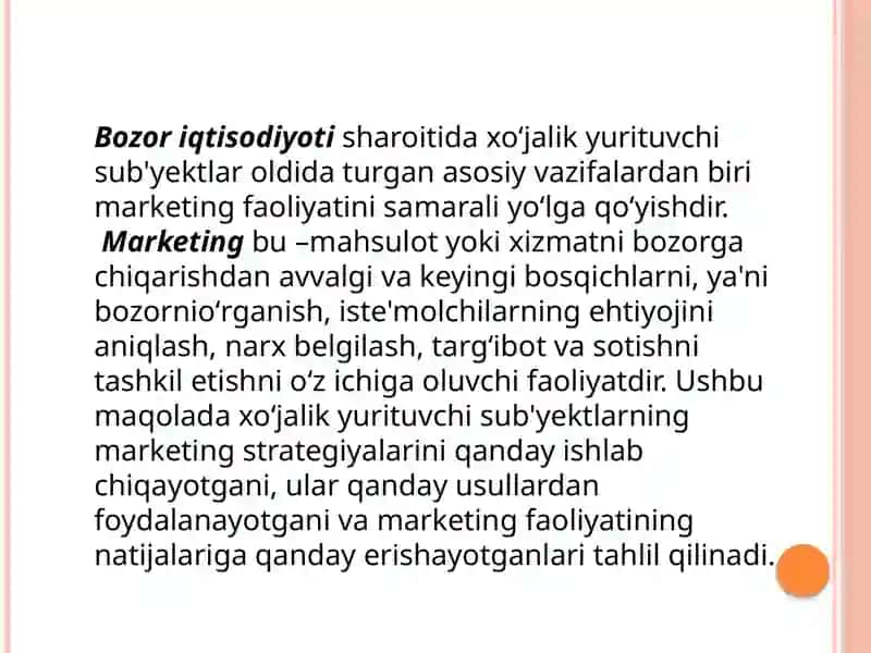 Xo’jalik yurituvchi subyektlarning marketing faoliyatida tahlil 2